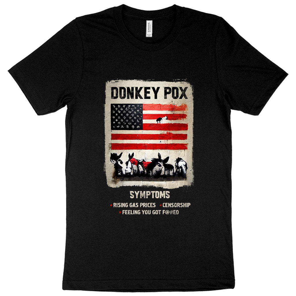 Graphic Donkey Pox T-Shirt featuring a humorous design, made from soft Airlume cotton, available in various sizes.