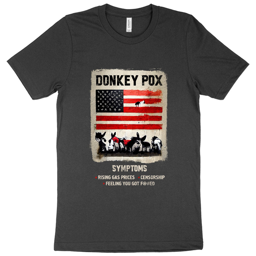 Graphic Donkey Pox T-Shirt featuring a humorous design, made from soft Airlume cotton, available in various sizes.