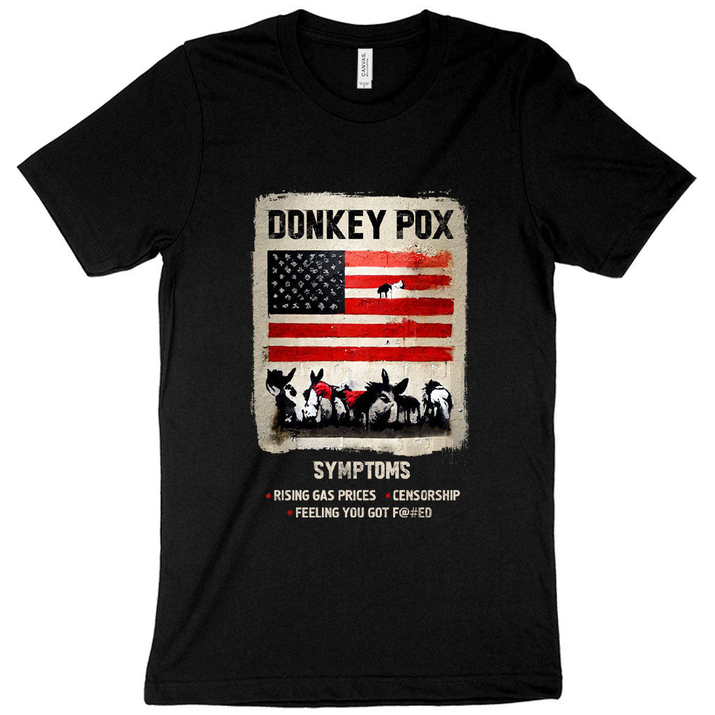 Graphic Donkey Pox T-Shirt featuring a humorous design, made from soft Airlume cotton, available in various sizes.