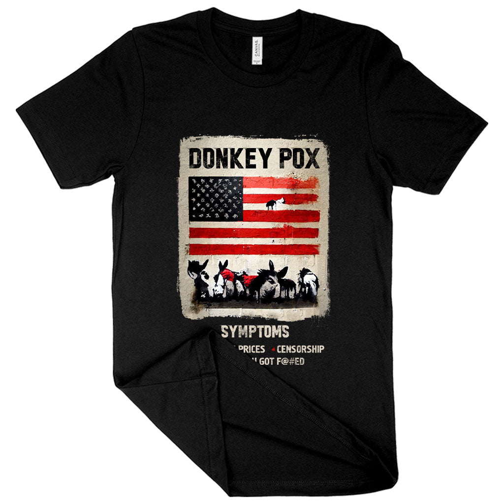 Graphic Donkey Pox T-Shirt featuring a humorous design, made from soft Airlume cotton, available in various sizes.