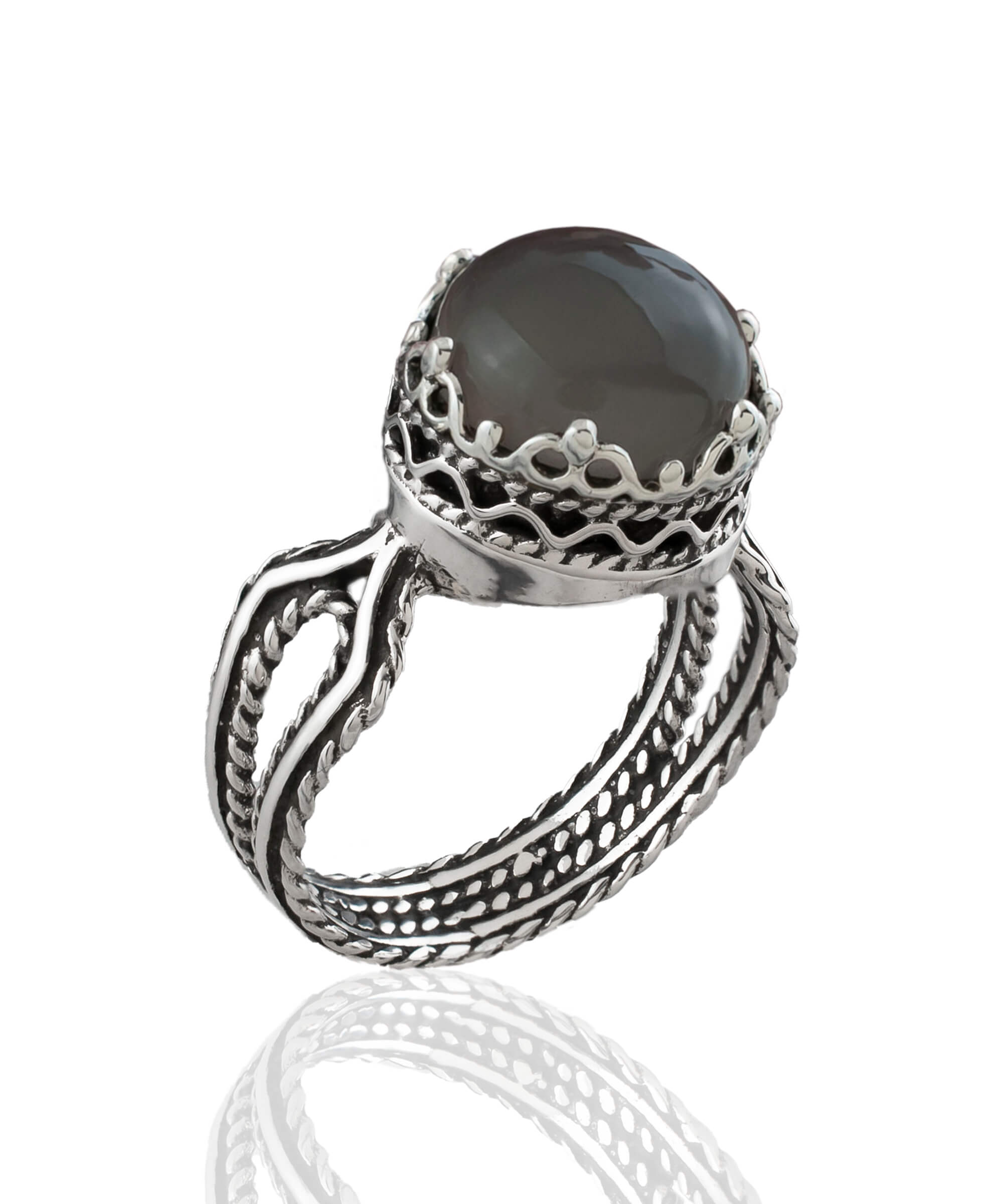 Elegant Gray Moonstone Gemstone Filigree Art Cocktail Ring in sterling silver, showcasing intricate design and a round cut gemstone.