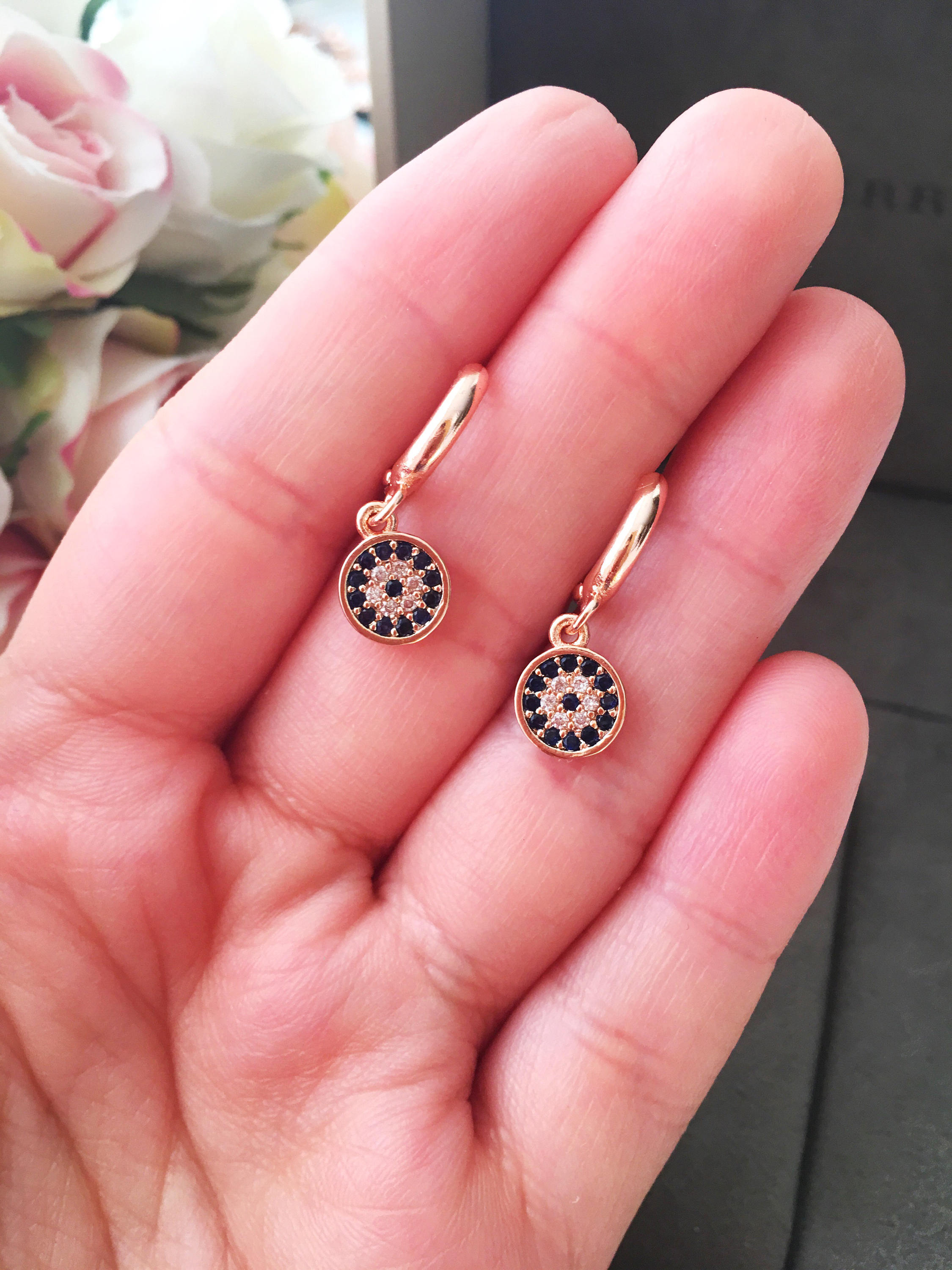 Handmade Greek Evil Eye Hoop Earrings in gold with zirconia stones, featuring a small hoop design and available in rose gold finish.