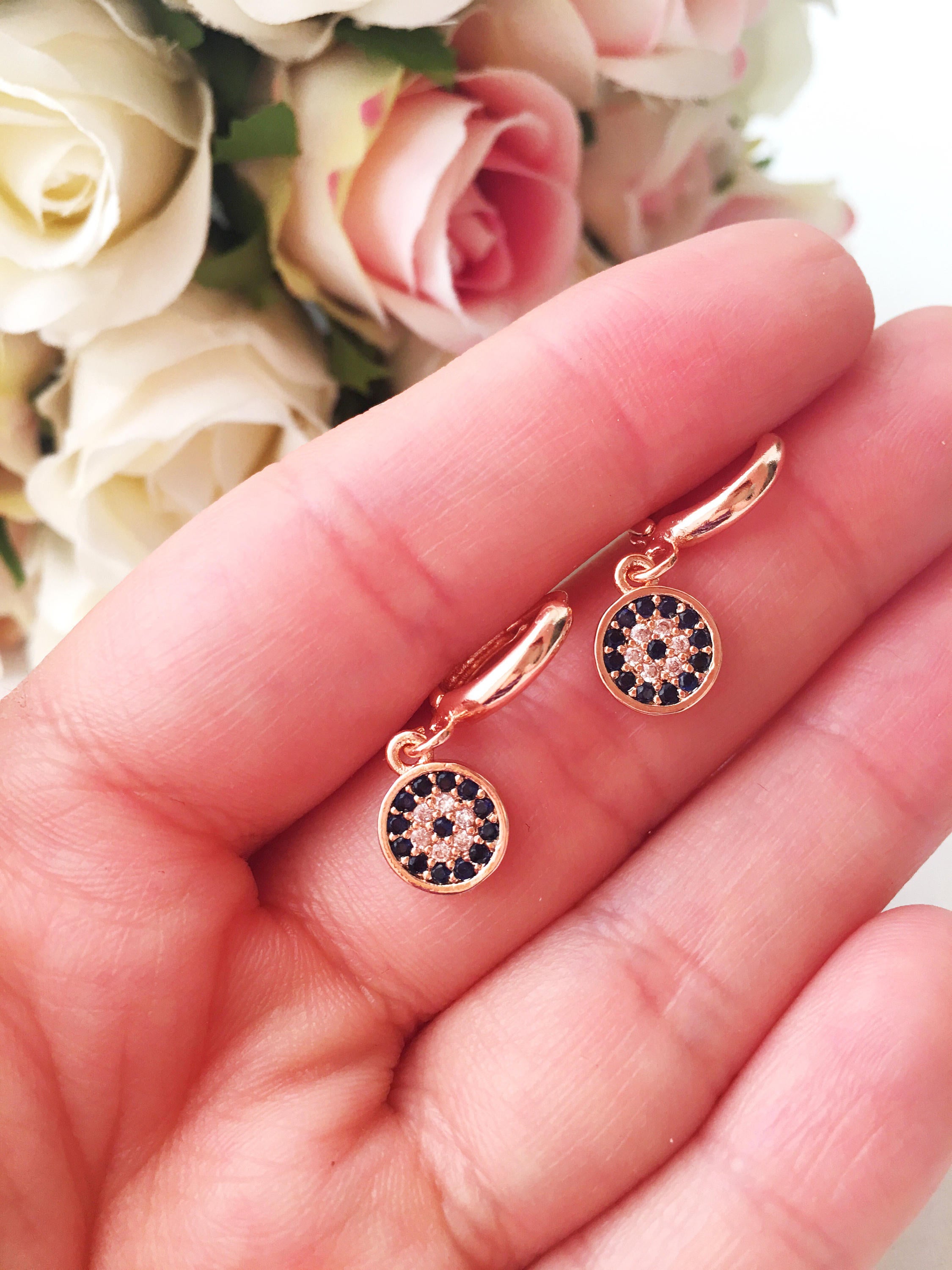 Handmade Greek Evil Eye Hoop Earrings in gold with zirconia stones, featuring a small hoop design and available in rose gold finish.