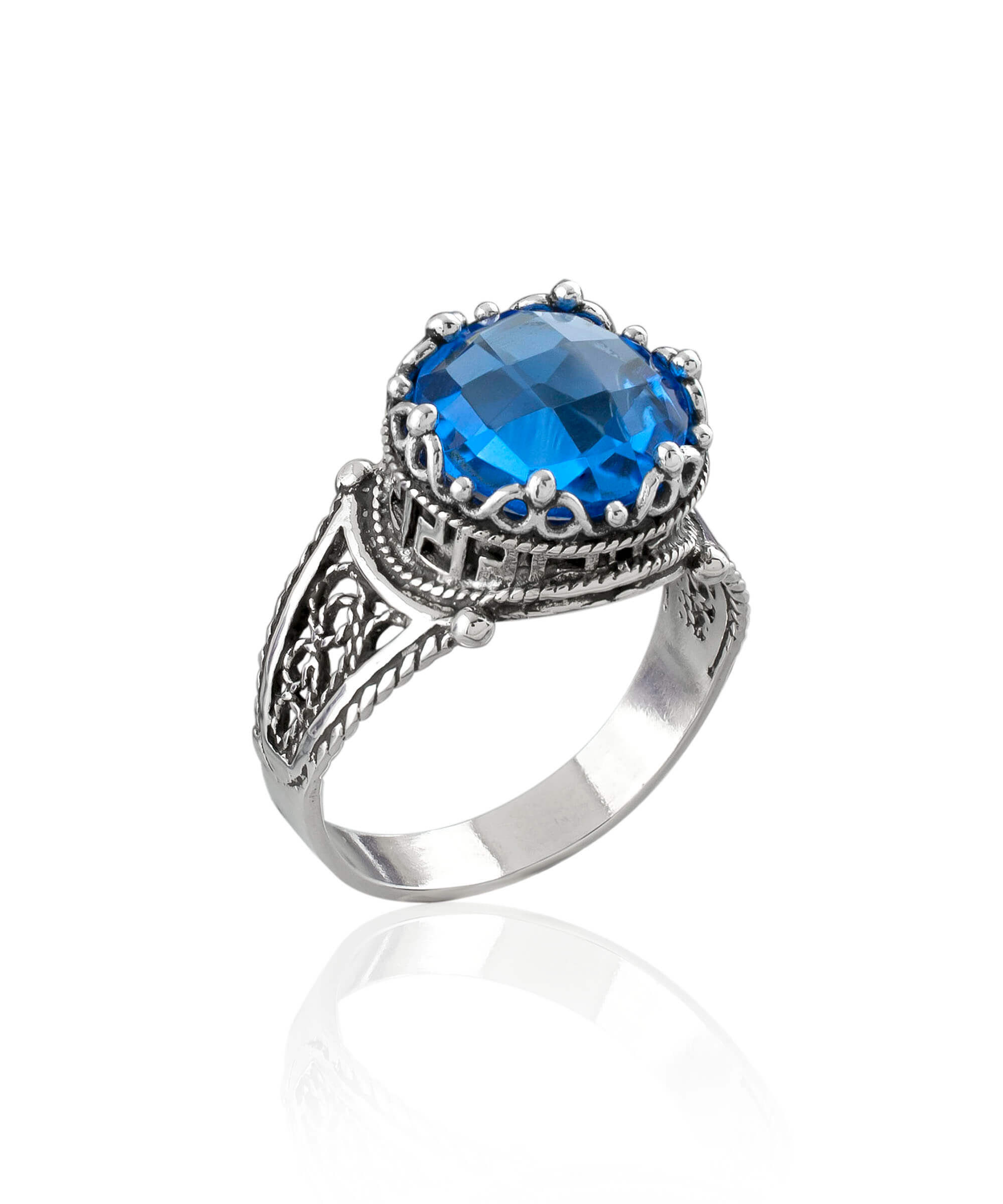 Elegant Greek Key Pattern Filigree Art Ring featuring a blue quartz gemstone set in 925 sterling silver, perfect for women.