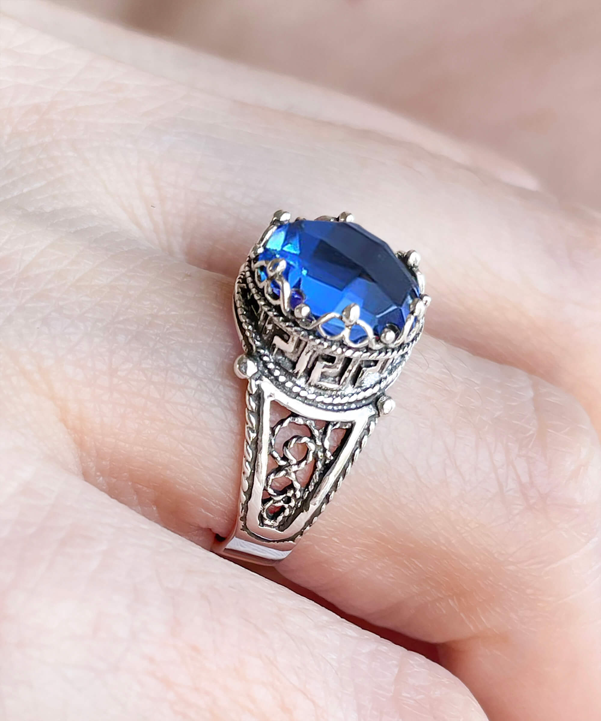 Elegant Greek Key Pattern Filigree Art Ring featuring a blue quartz gemstone set in 925 sterling silver, perfect for women.