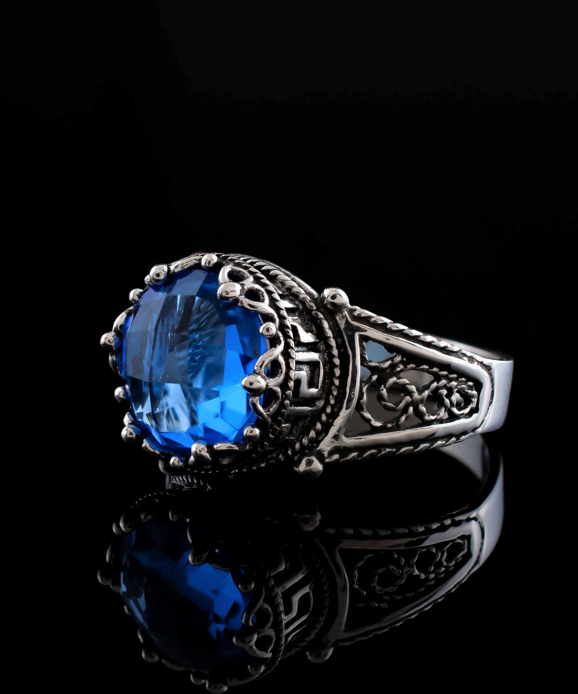 Elegant Greek Key Pattern Filigree Art Ring featuring a blue quartz gemstone set in 925 sterling silver, perfect for women.