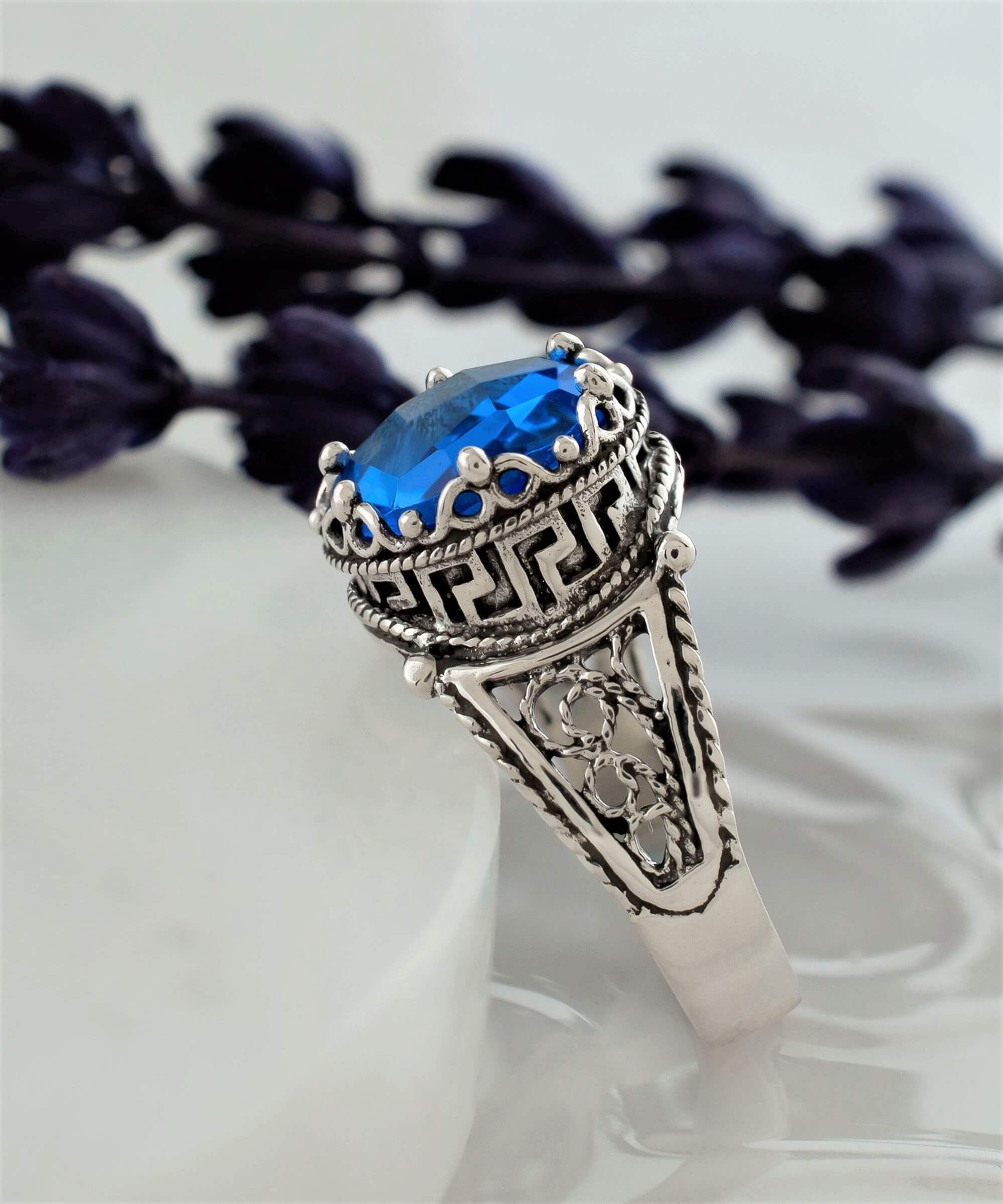 Elegant Greek Key Pattern Filigree Art Ring featuring a blue quartz gemstone set in 925 sterling silver, perfect for women.