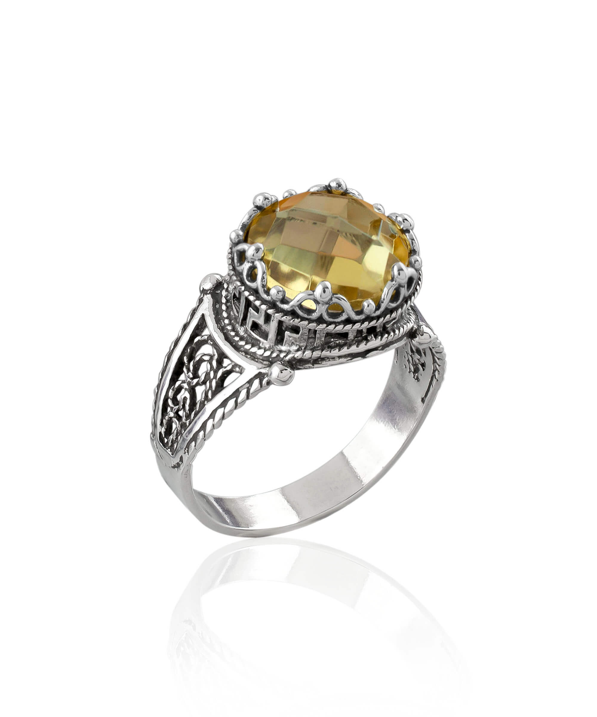 Elegant Greek Key Pattern Filigree Art Silver Cocktail Ring featuring a stunning 10mm citrine gemstone, perfect for women.