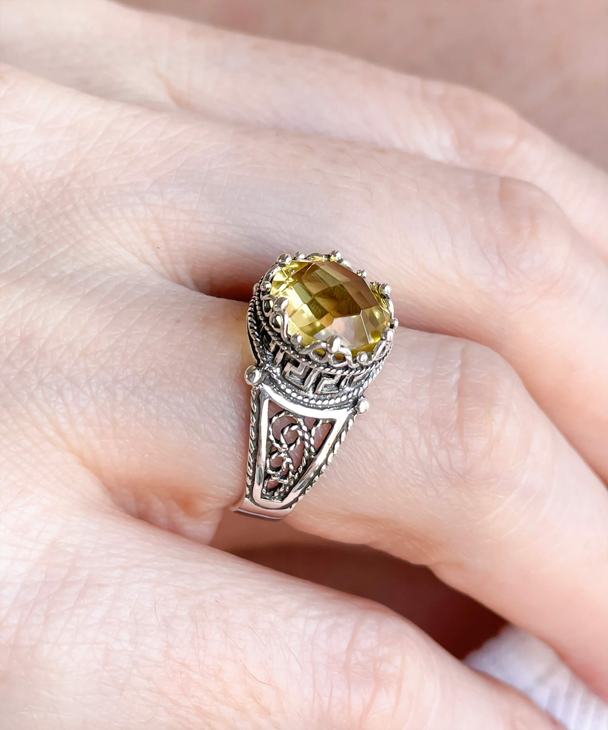 Elegant Greek Key Pattern Filigree Art Silver Cocktail Ring featuring a stunning 10mm citrine gemstone, perfect for women.