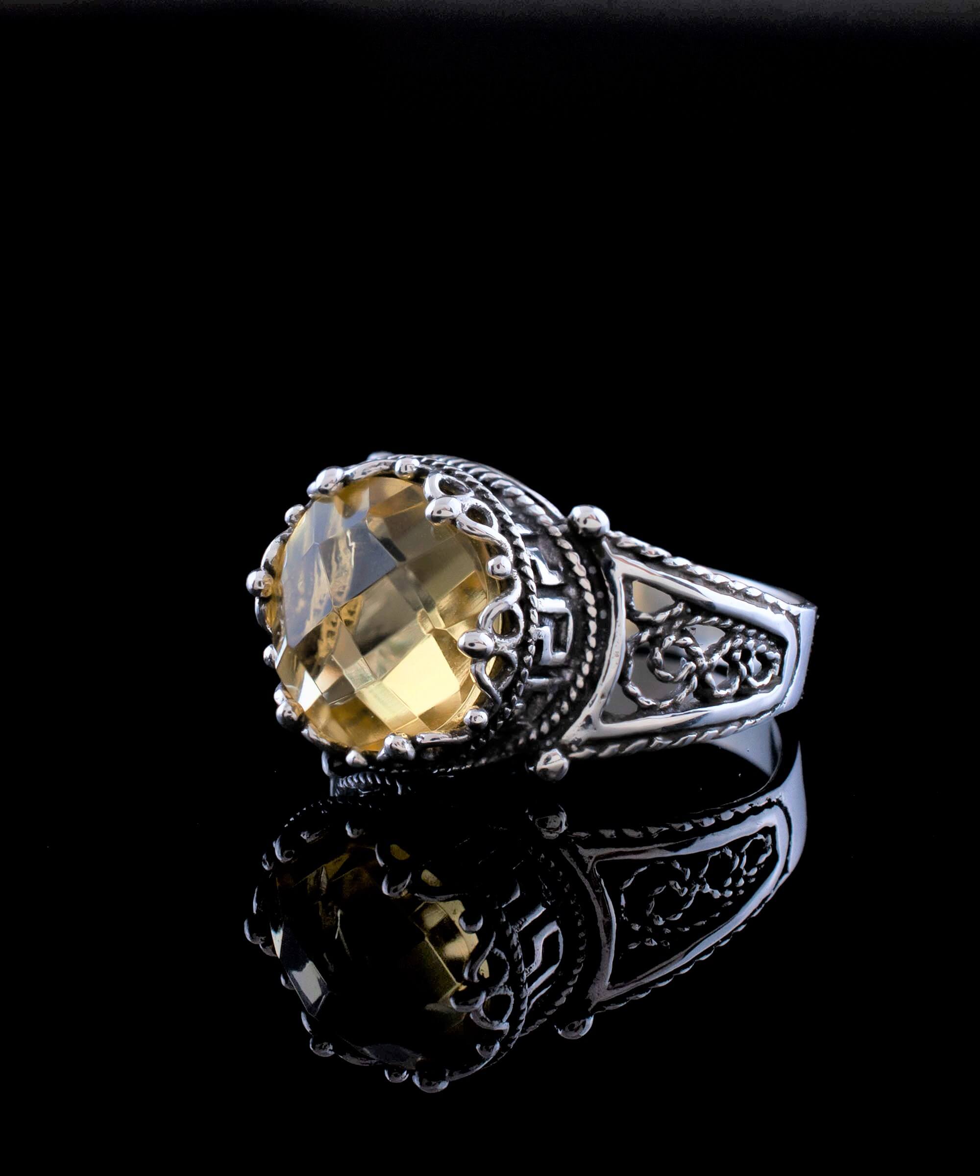 Elegant Greek Key Pattern Filigree Art Silver Cocktail Ring featuring a stunning 10mm citrine gemstone, perfect for women.