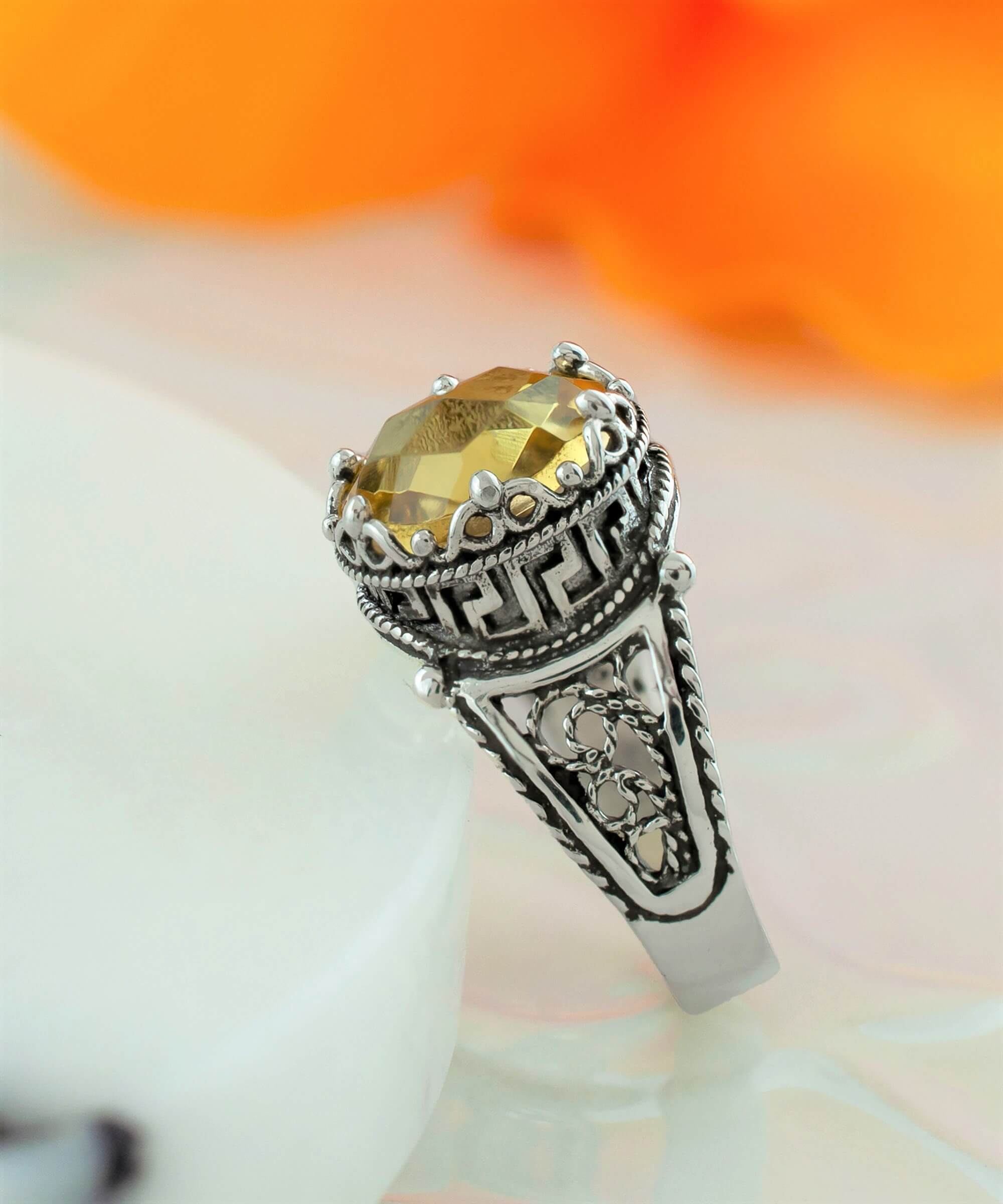 Elegant Greek Key Pattern Filigree Art Silver Cocktail Ring featuring a stunning 10mm citrine gemstone, perfect for women.