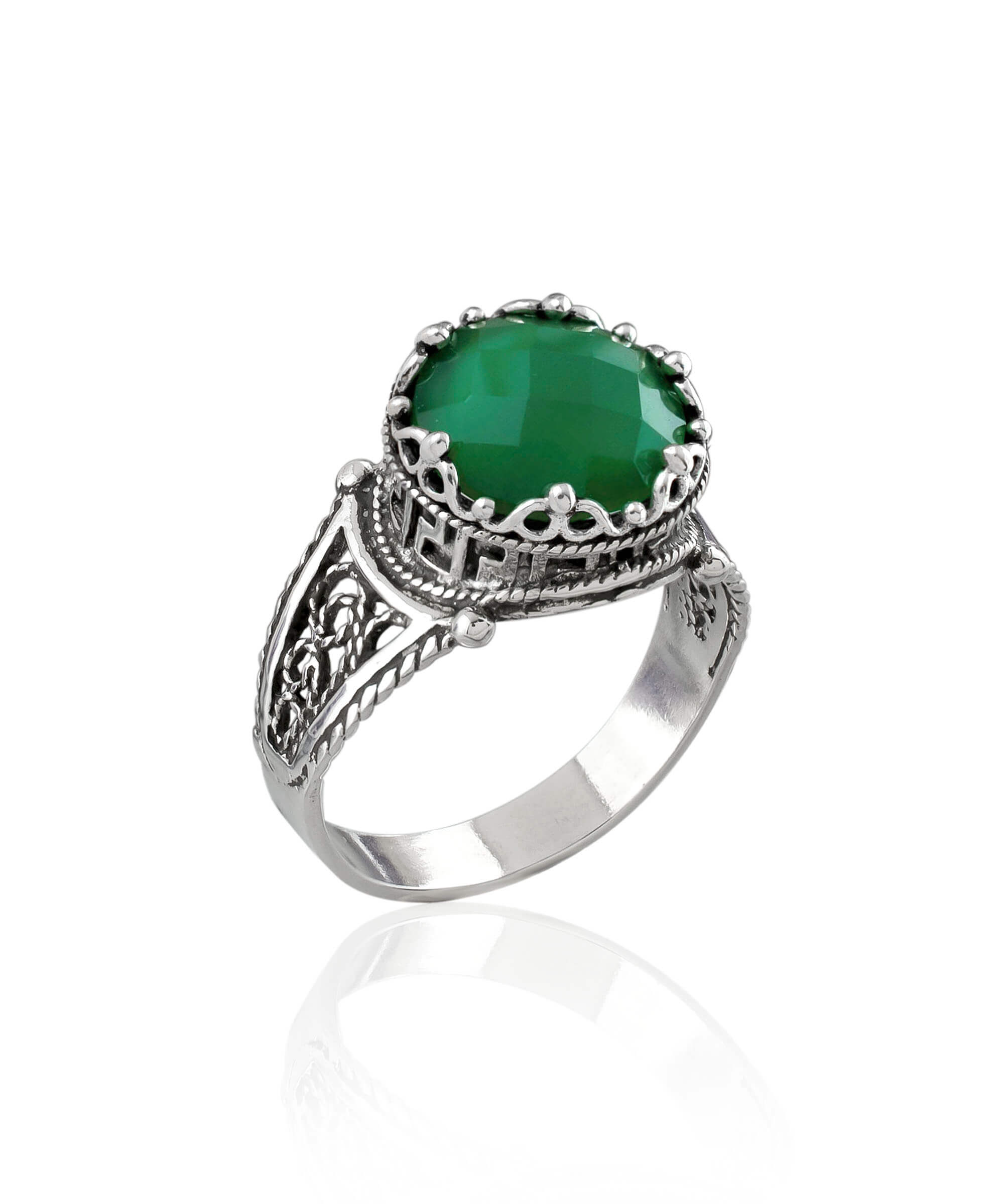 Elegant Greek Key Pattern Filigree Art Ring featuring a natural green agate gemstone set in 925 sterling silver.