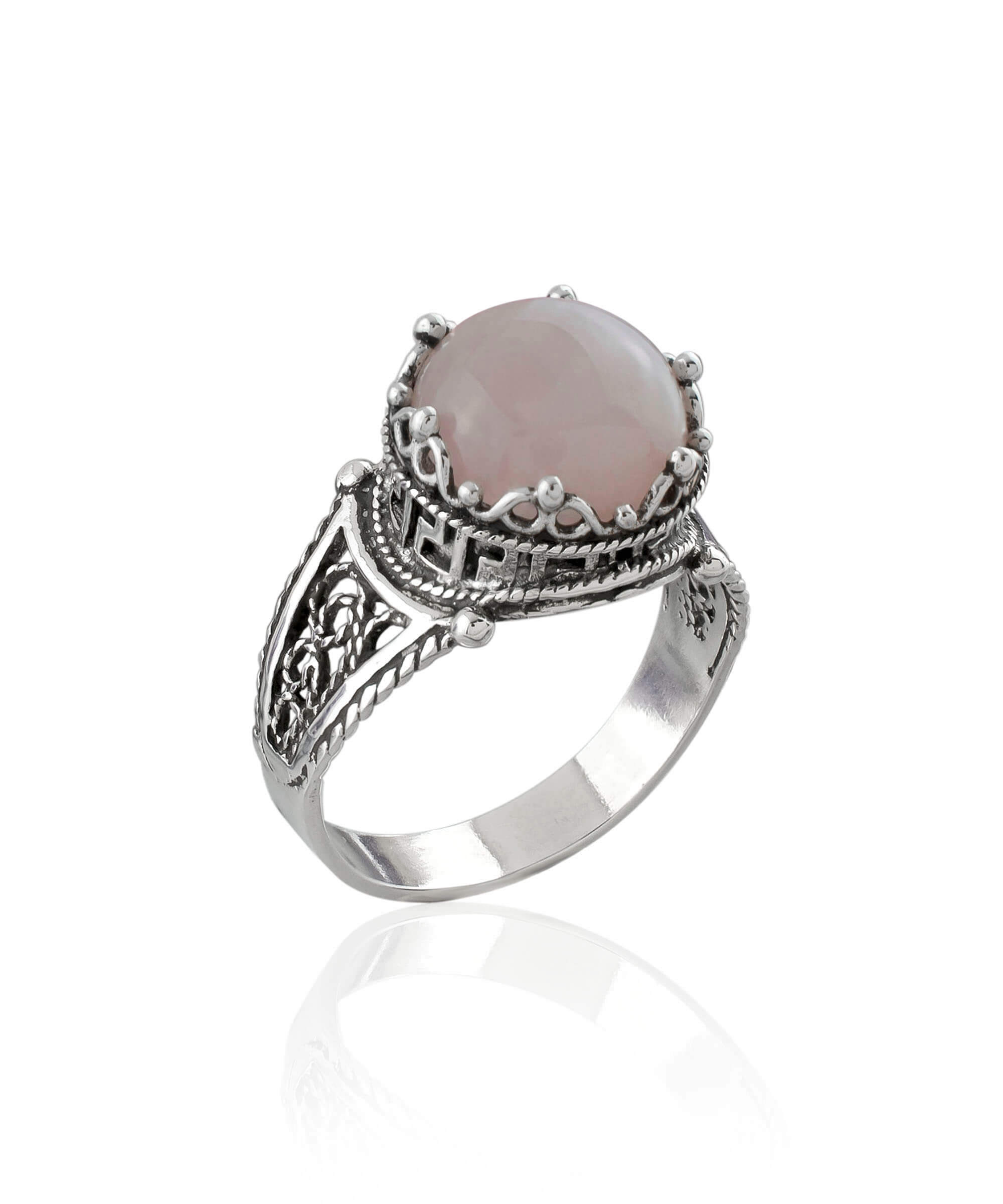 Elegant Greek Key Pattern Filigree Art Ring featuring a round-cut rose quartz gemstone set in 925 sterling silver.