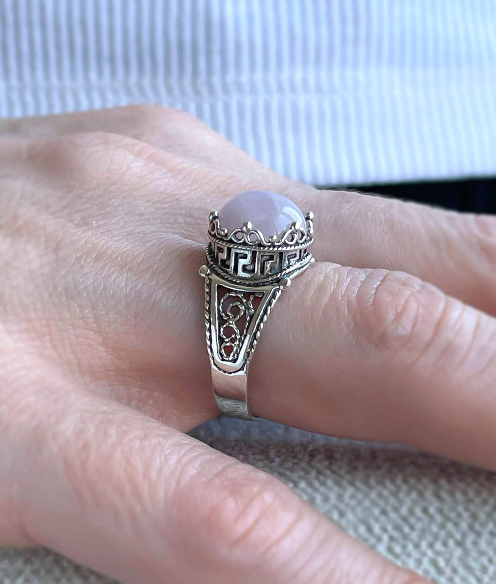 Elegant Greek Key Pattern Filigree Art Ring featuring a round-cut rose quartz gemstone set in 925 sterling silver.