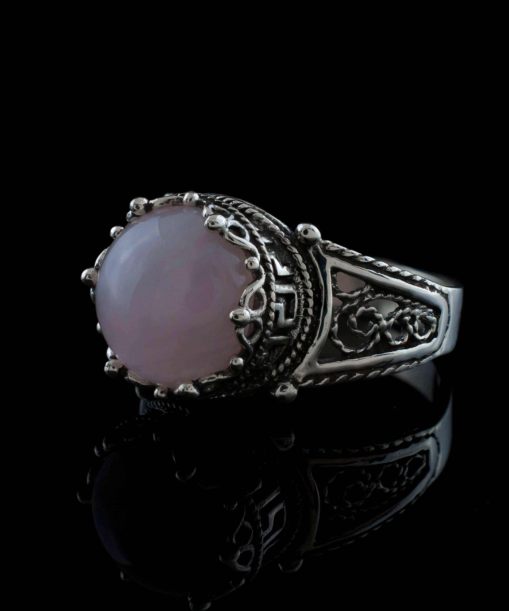 Elegant Greek Key Pattern Filigree Art Ring featuring a round-cut rose quartz gemstone set in 925 sterling silver.