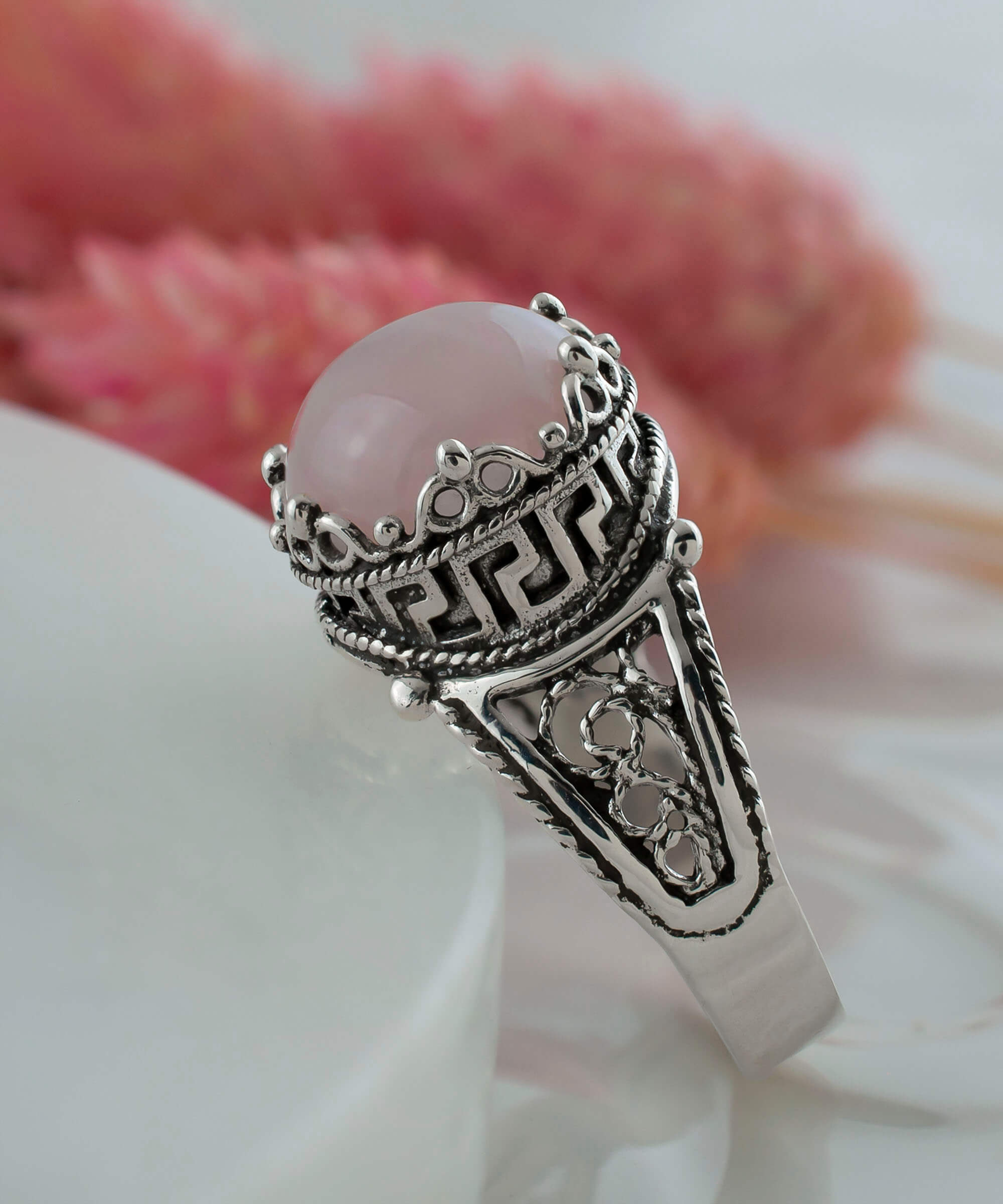 Elegant Greek Key Pattern Filigree Art Ring featuring a round-cut rose quartz gemstone set in 925 sterling silver.