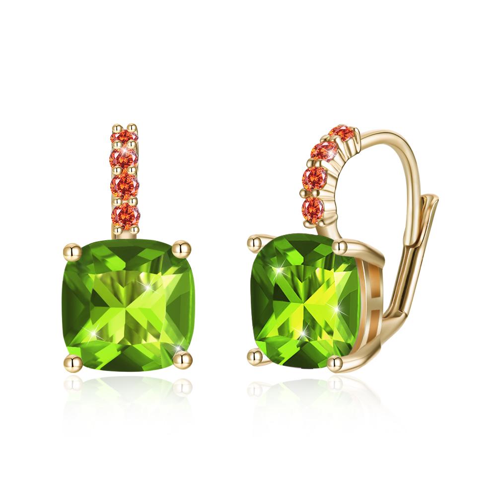 Elegant Green Asscher Cut Pav'e Leverback earrings in 14K gold, featuring certified crystals and a luxurious design.