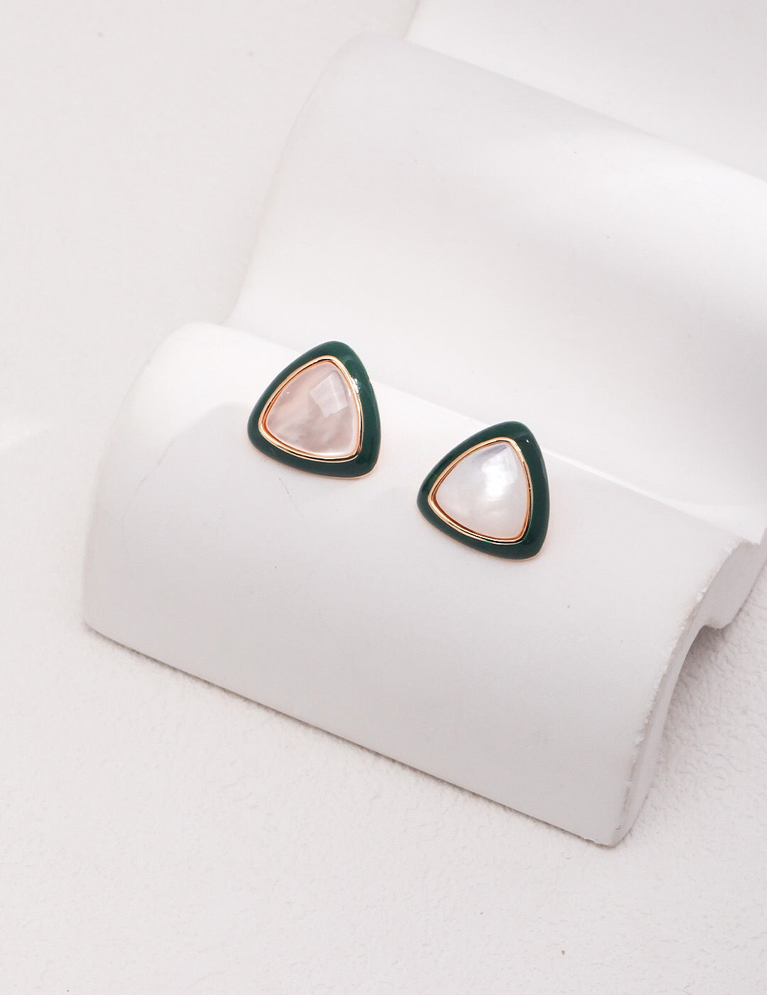 Handmade Green Drip Glaze Shell Stud earrings featuring gold vermeil on sterling silver, showcasing a unique organic design.