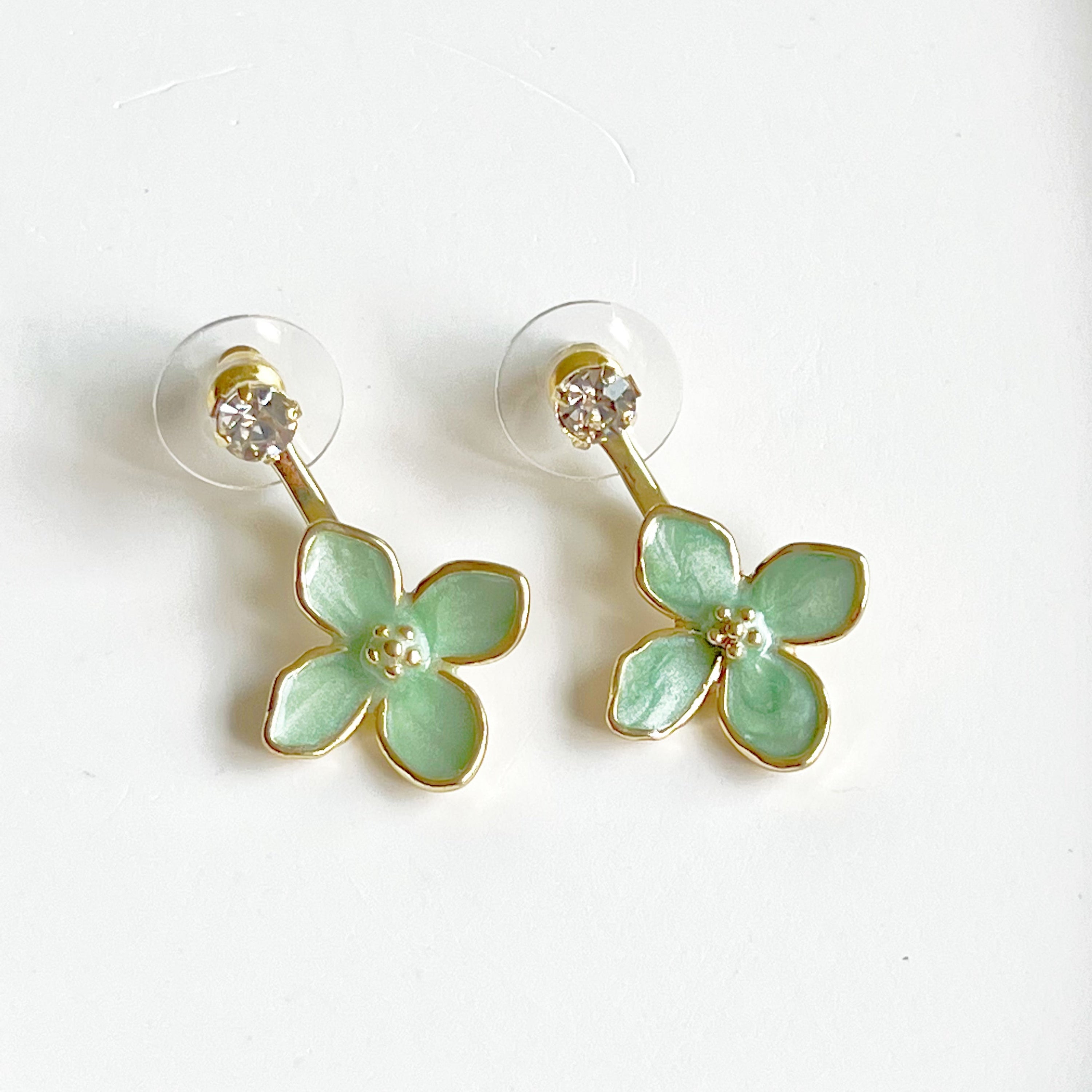 Elegant green hydrangea flower ear jacket earrings with gold-plated bronze and sterling silver studs, showcasing a unique floral design.