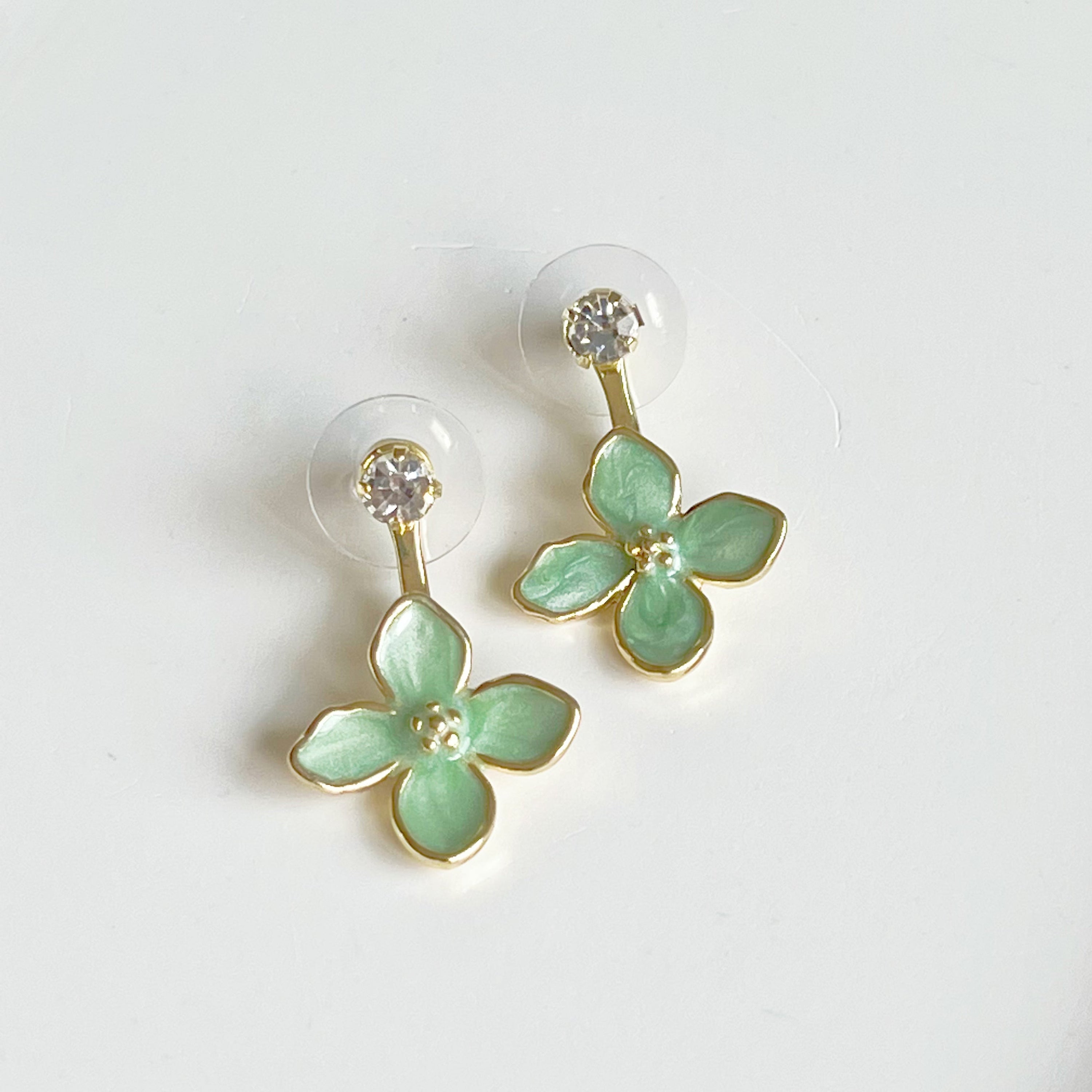 Elegant green hydrangea flower ear jacket earrings with gold-plated bronze and sterling silver studs, showcasing a unique floral design.