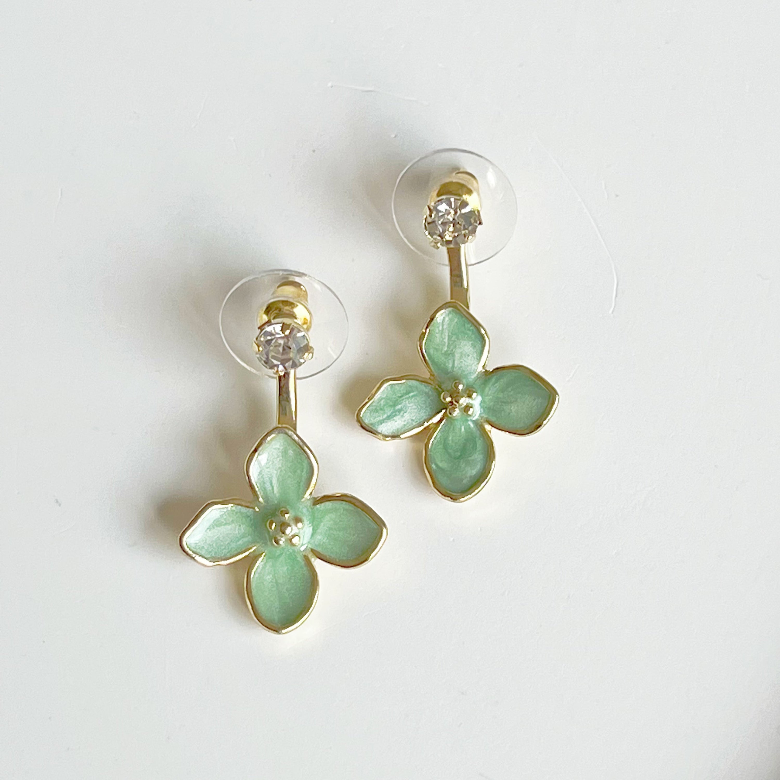 Elegant green hydrangea flower ear jacket earrings with gold-plated bronze and sterling silver studs, showcasing a unique floral design.