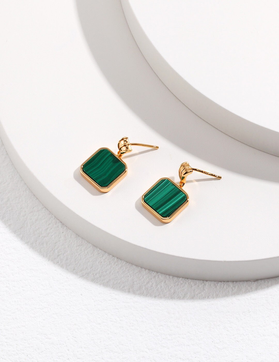 Elegant Green Malachite Dangle Earrings featuring natural malachite stones and gold vermeil accents, perfect for any occasion.