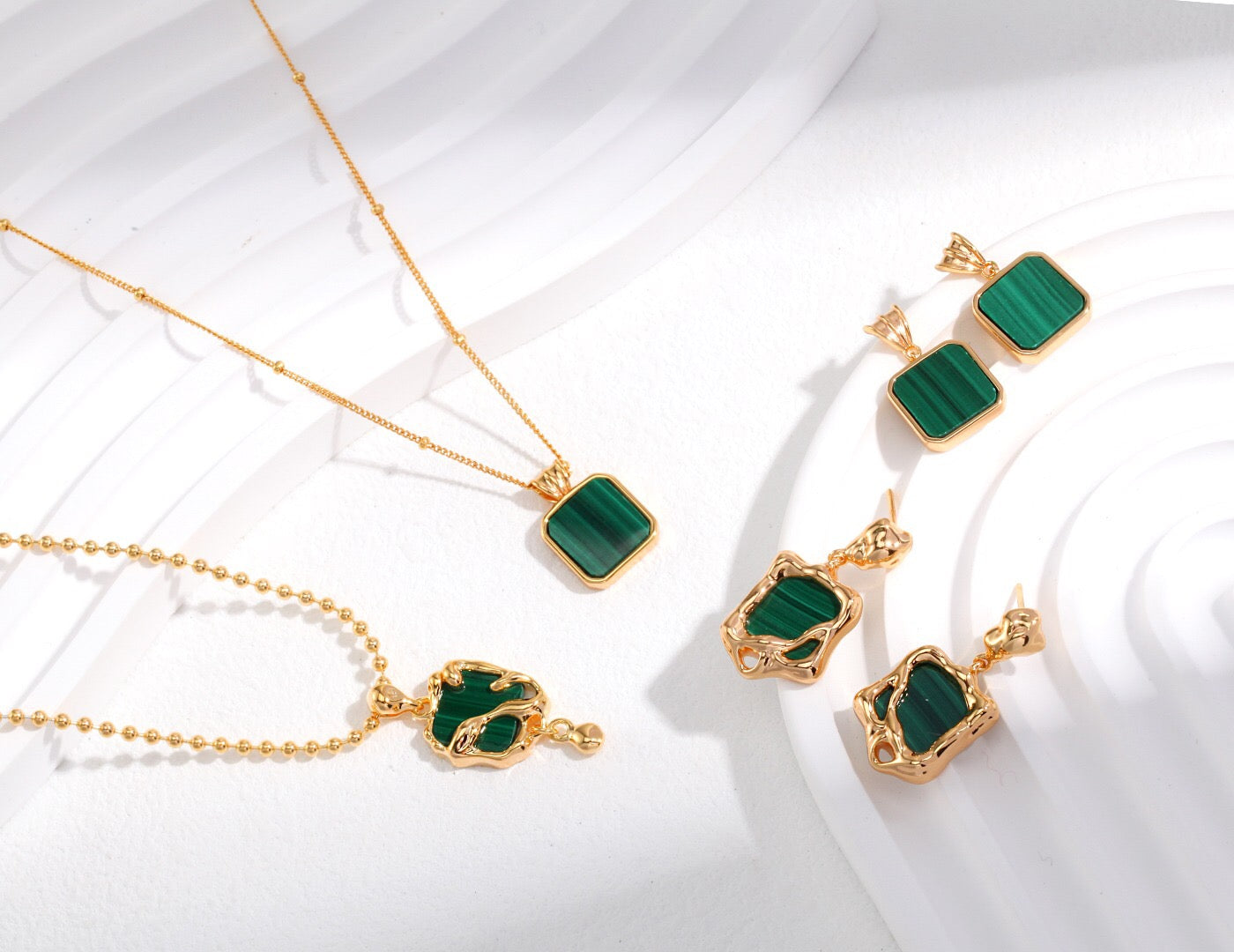 Elegant Green Malachite Dangle Earrings featuring natural malachite stones and gold vermeil accents, perfect for any occasion.