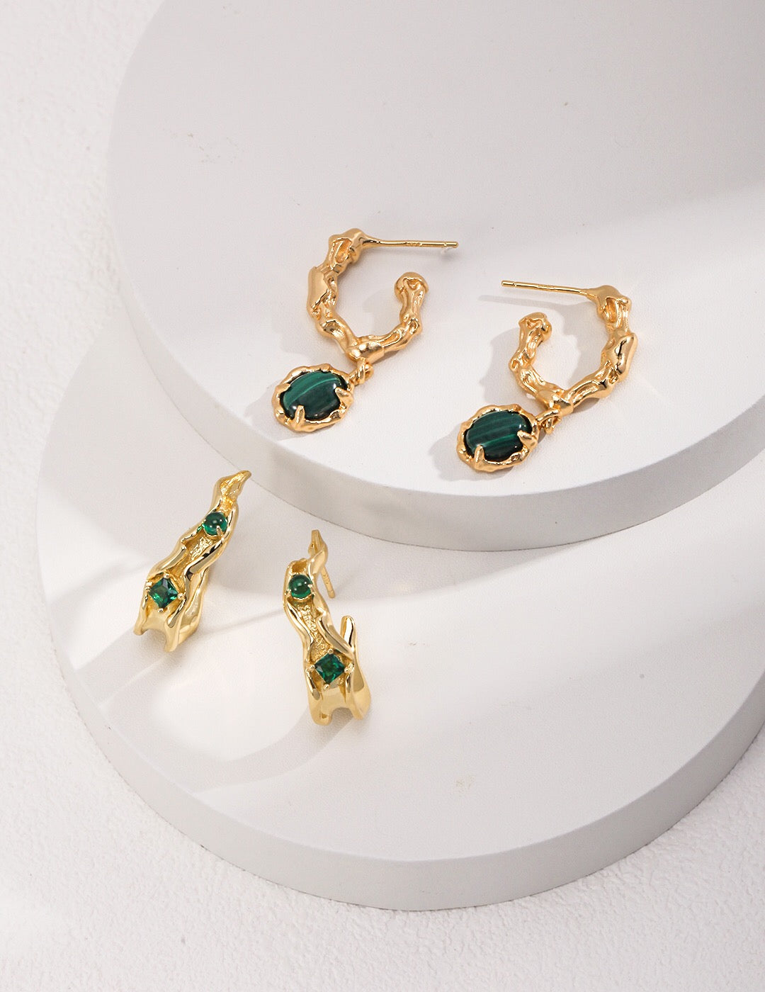 Elegant Green Malachite Hoop Earrings featuring gold vermeil accents, showcasing vibrant green hues and unique patterns.