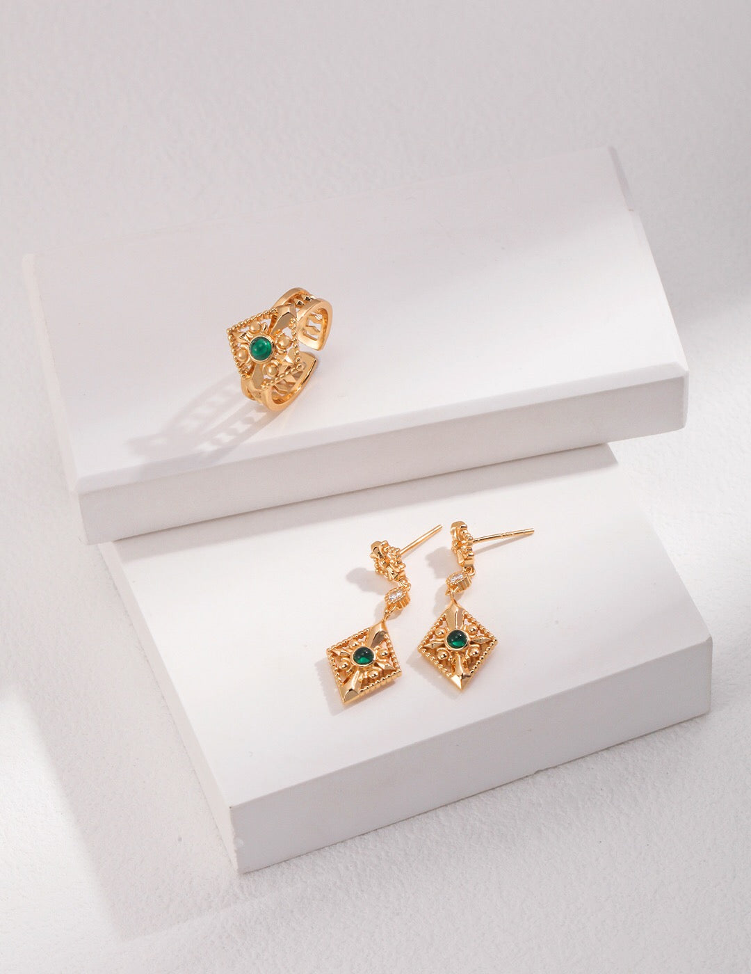 Elegant Green Zircon Rhombus Earrings made of sterling silver and gold vermeil, showcasing their unique design and vibrant color.