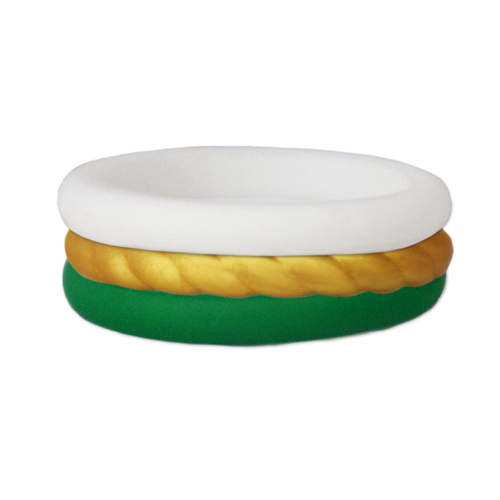 Green/Rope Gold/White Stackable Silicone Ring displayed on a neutral background, showcasing its sleek design and vibrant colors.