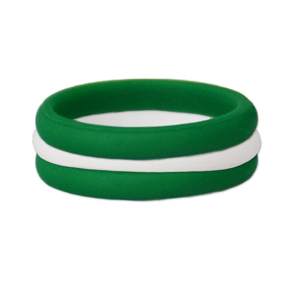 Green and white stackable silicone ring displayed on a neutral background, showcasing its sleek design and vibrant colors.