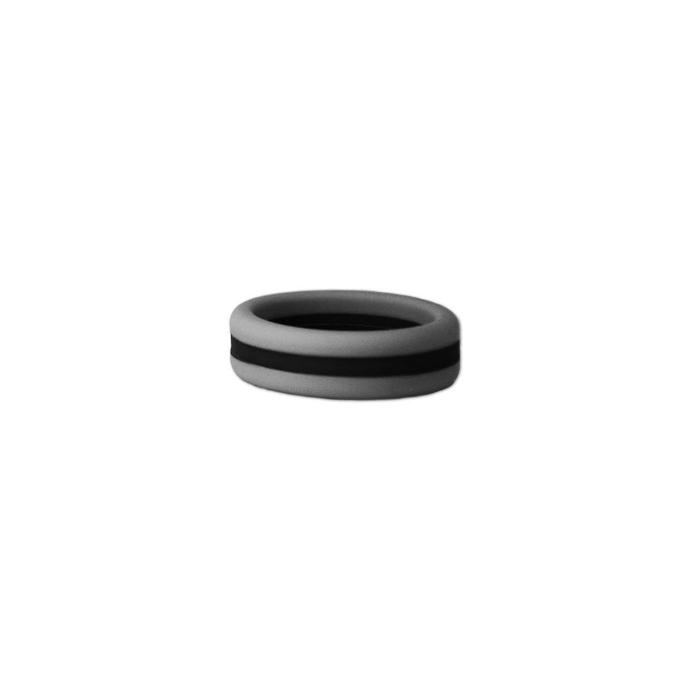 Grey and black striped silicone ring designed for comfort and durability, perfect for sports fans and active lifestyles.