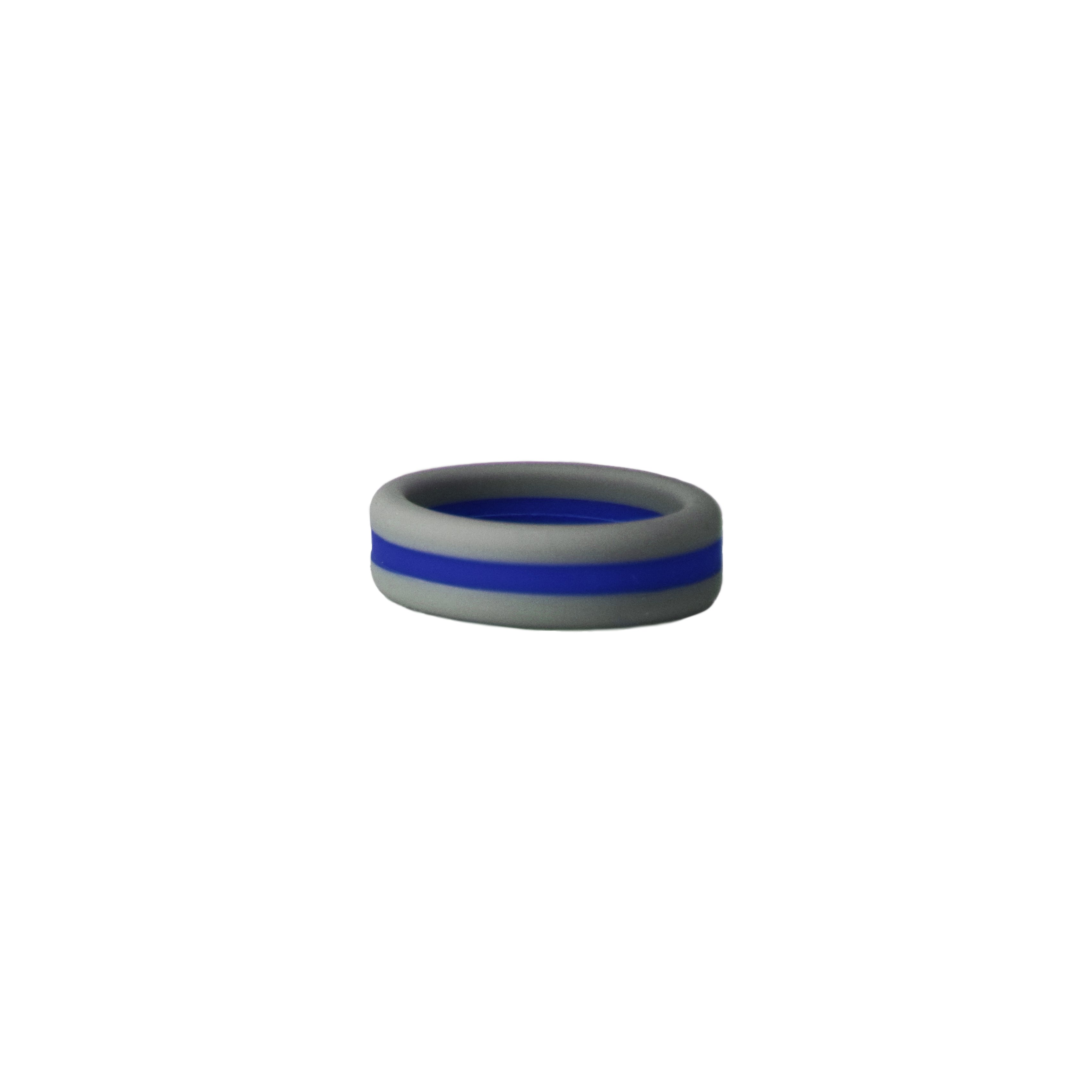 Grey and blue striped silicone ring designed for comfort and durability, perfect for sports fans.