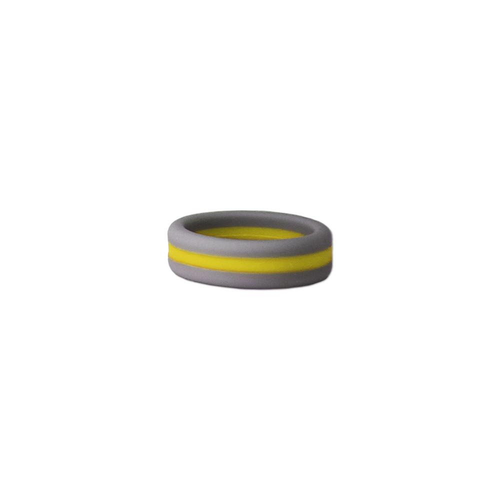 Grey and yellow striped silicone ring designed for comfort and durability, perfect for sports fans.