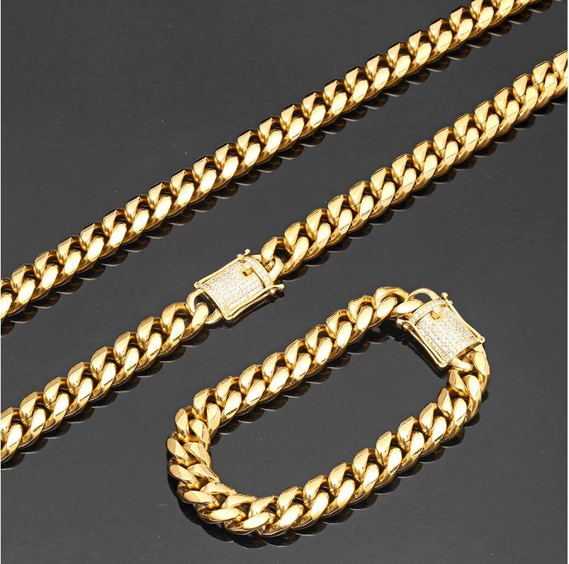 GUILD 12MM CZ Cuban chain featuring stainless steel and cubic zirconia accents, showcasing a glossy finish and bold design.