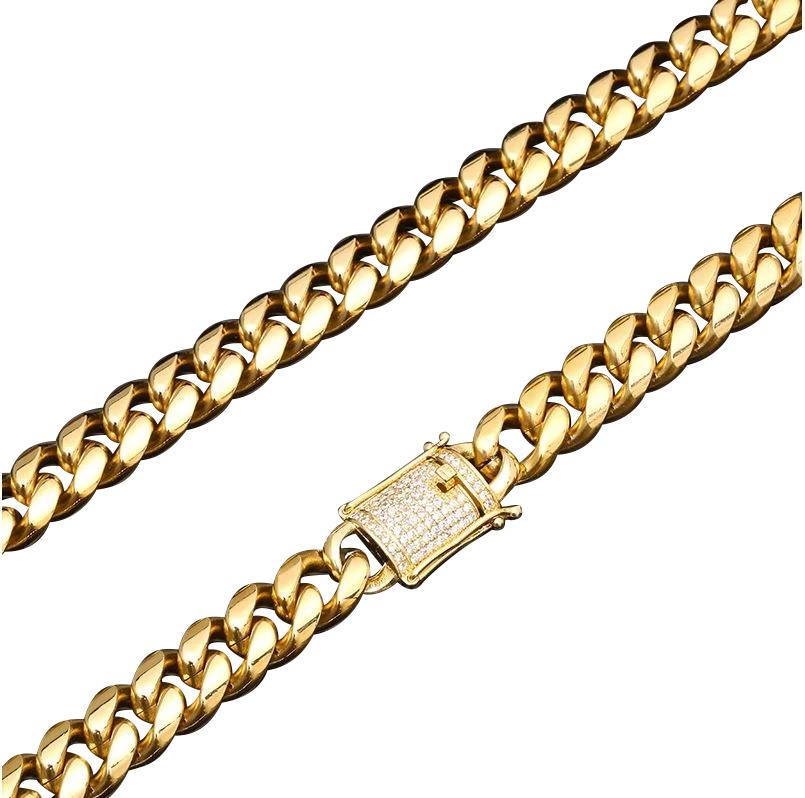 GUILD 12MM CZ Cuban chain featuring stainless steel and cubic zirconia accents, showcasing a glossy finish and bold design.