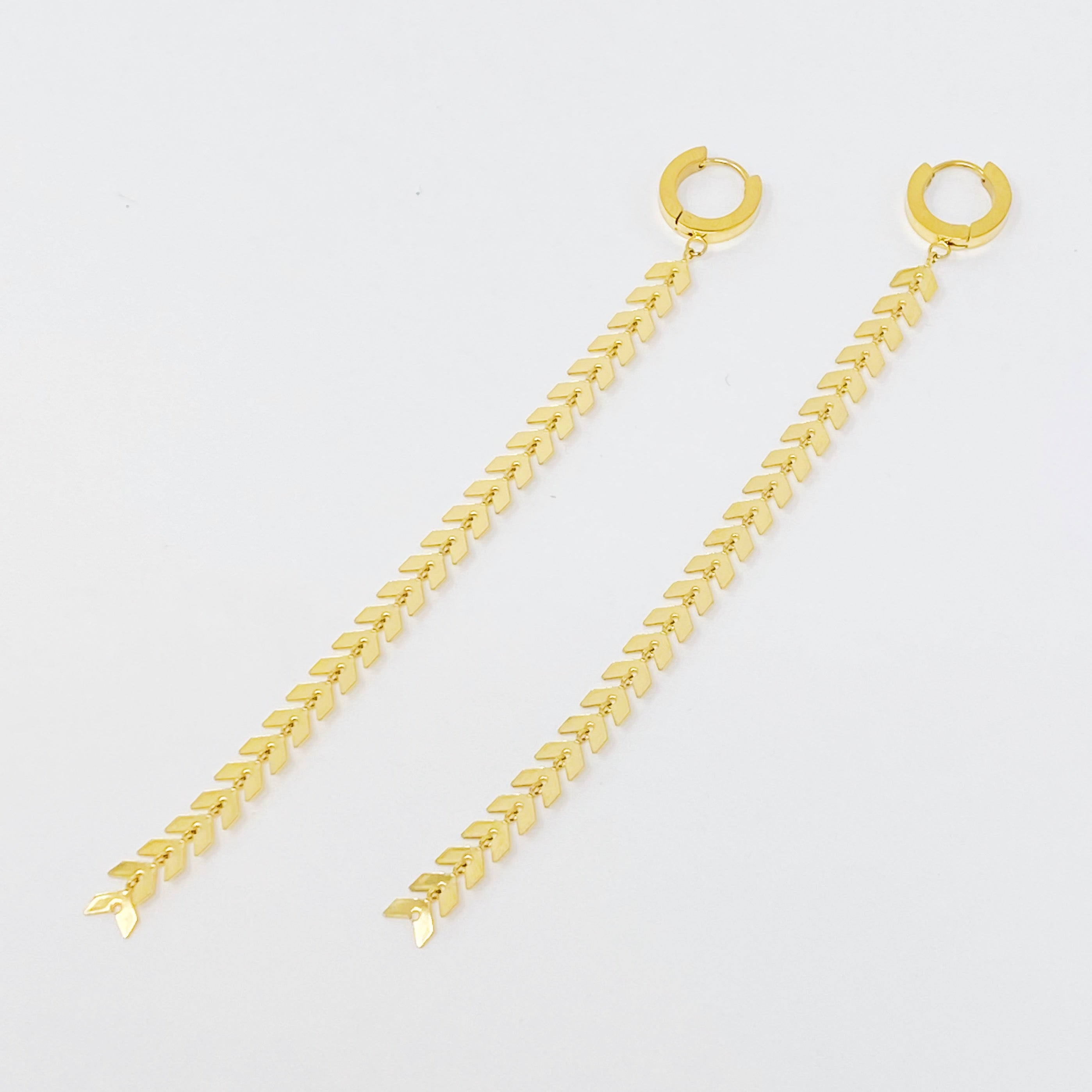 Elegant Gypsy Chain Dangle Earrings with a slim design, featuring 18K gold plating and a 5-inch drop.