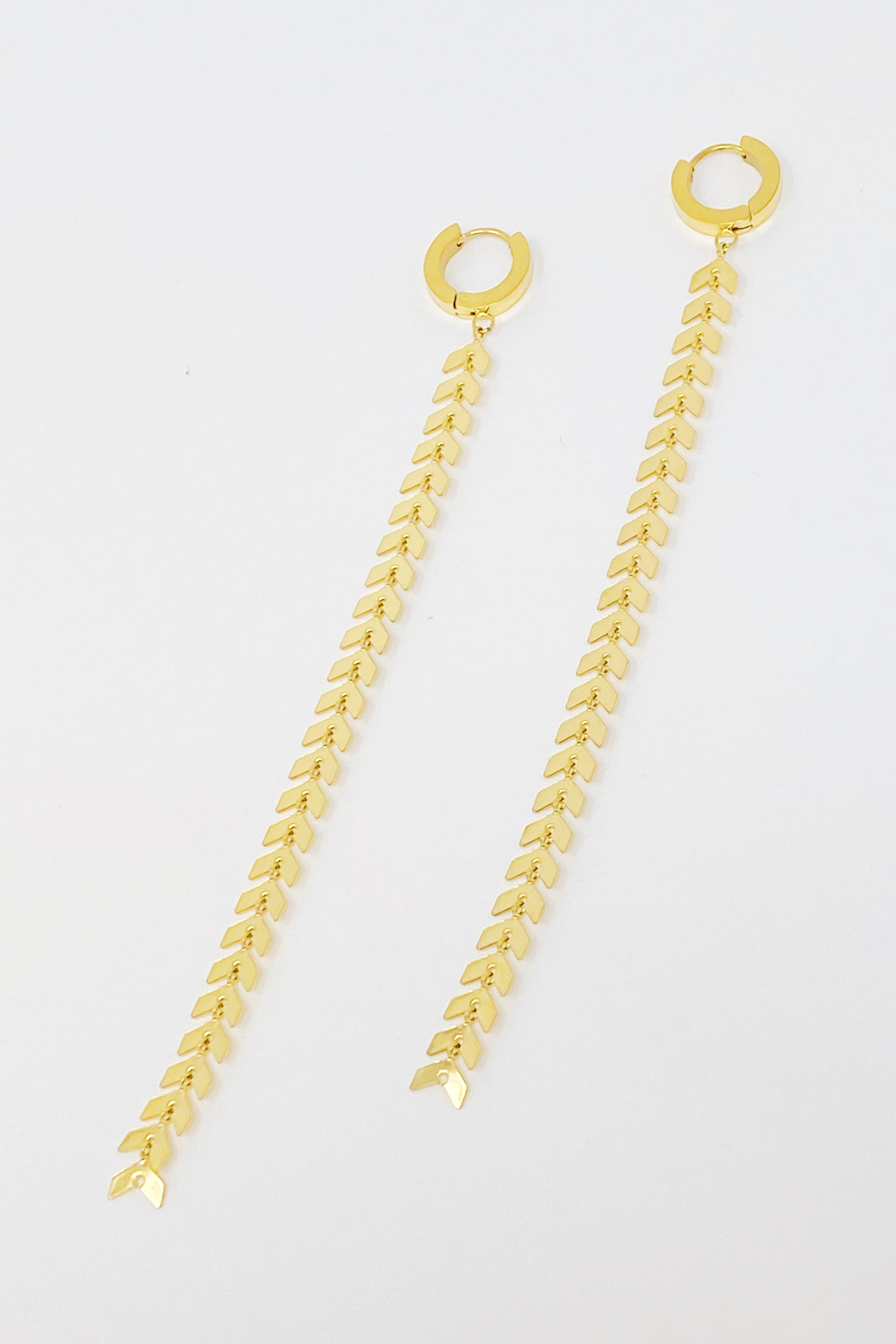 Elegant Gypsy Chain Dangle Earrings with a slim design, featuring 18K gold plating and a 5-inch drop.