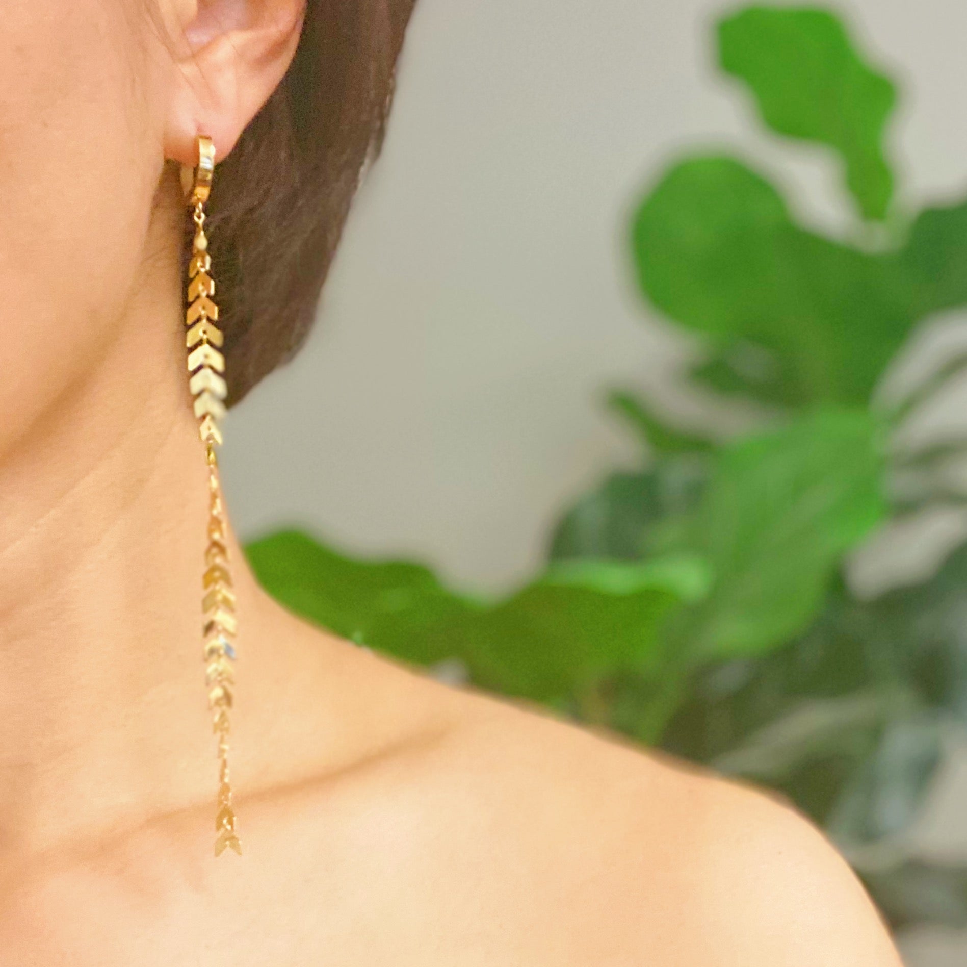 Elegant Gypsy Chain Dangle Earrings with a slim design, featuring 18K gold plating and a 5-inch drop.