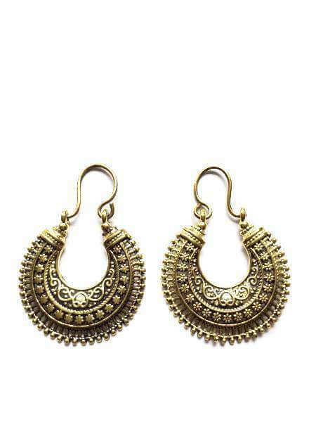 A pair of handmade Gypsy Earrings featuring intricate patterns, silver plated hypoallergenic brass, elegantly designed for stylish wear.