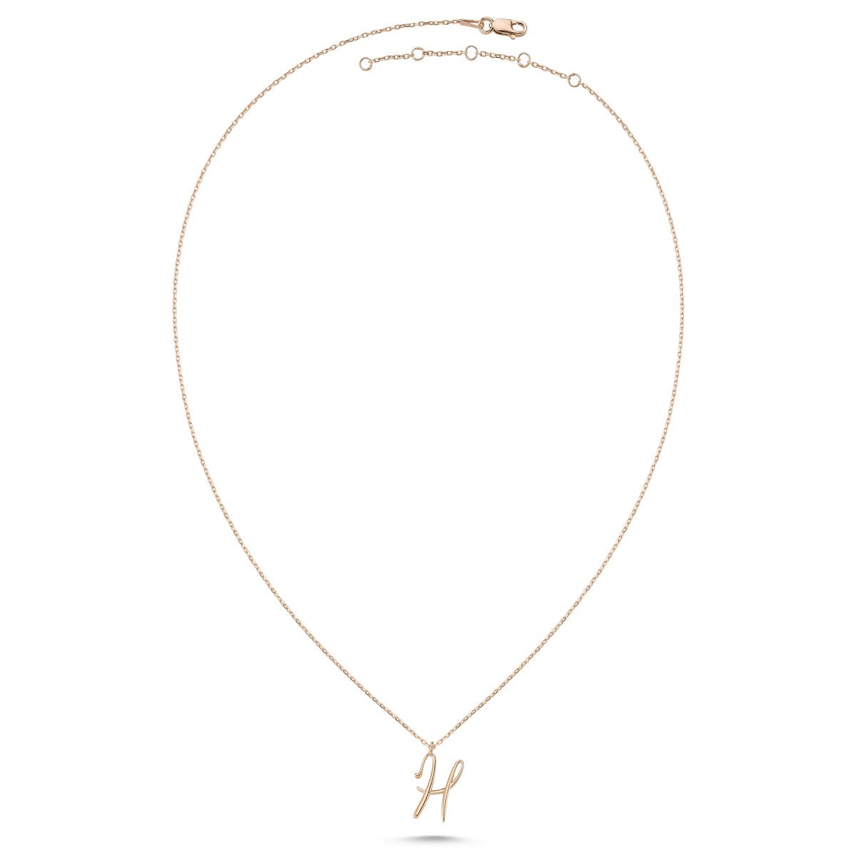 H Letter Mini Initial Silver Necklace featuring a flat 'H' pendant on a sterling silver chain with rose gold and rhodium plating options.