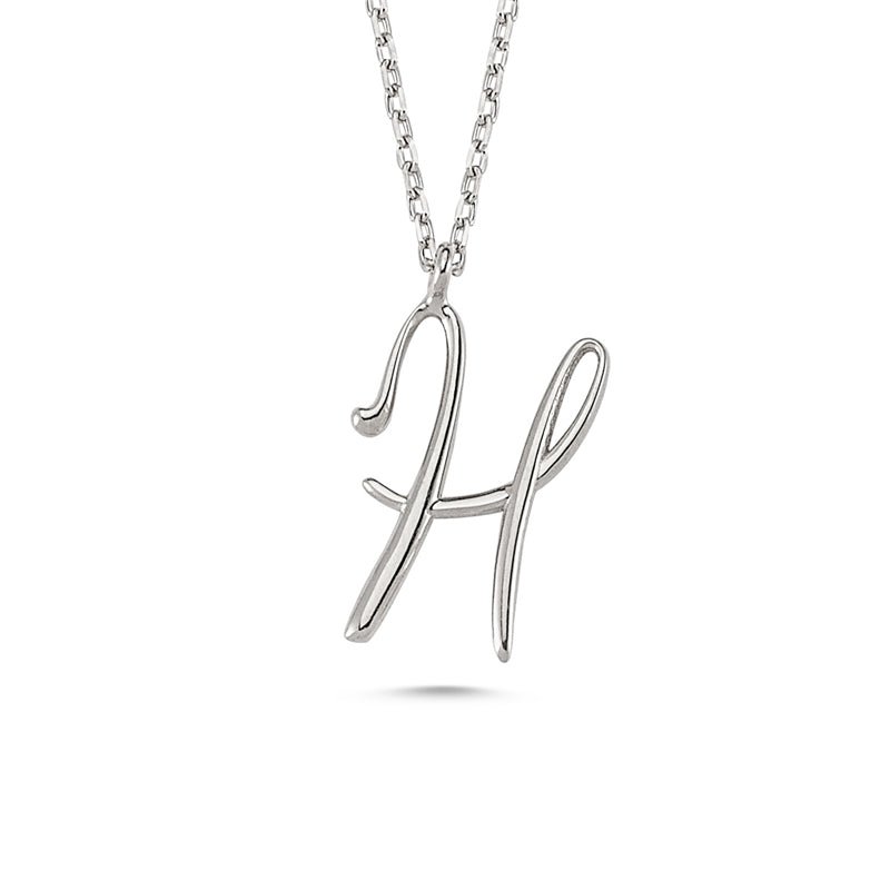 H Letter Mini Initial Silver Necklace featuring a flat 'H' pendant on a sterling silver chain with rose gold and rhodium plating options.