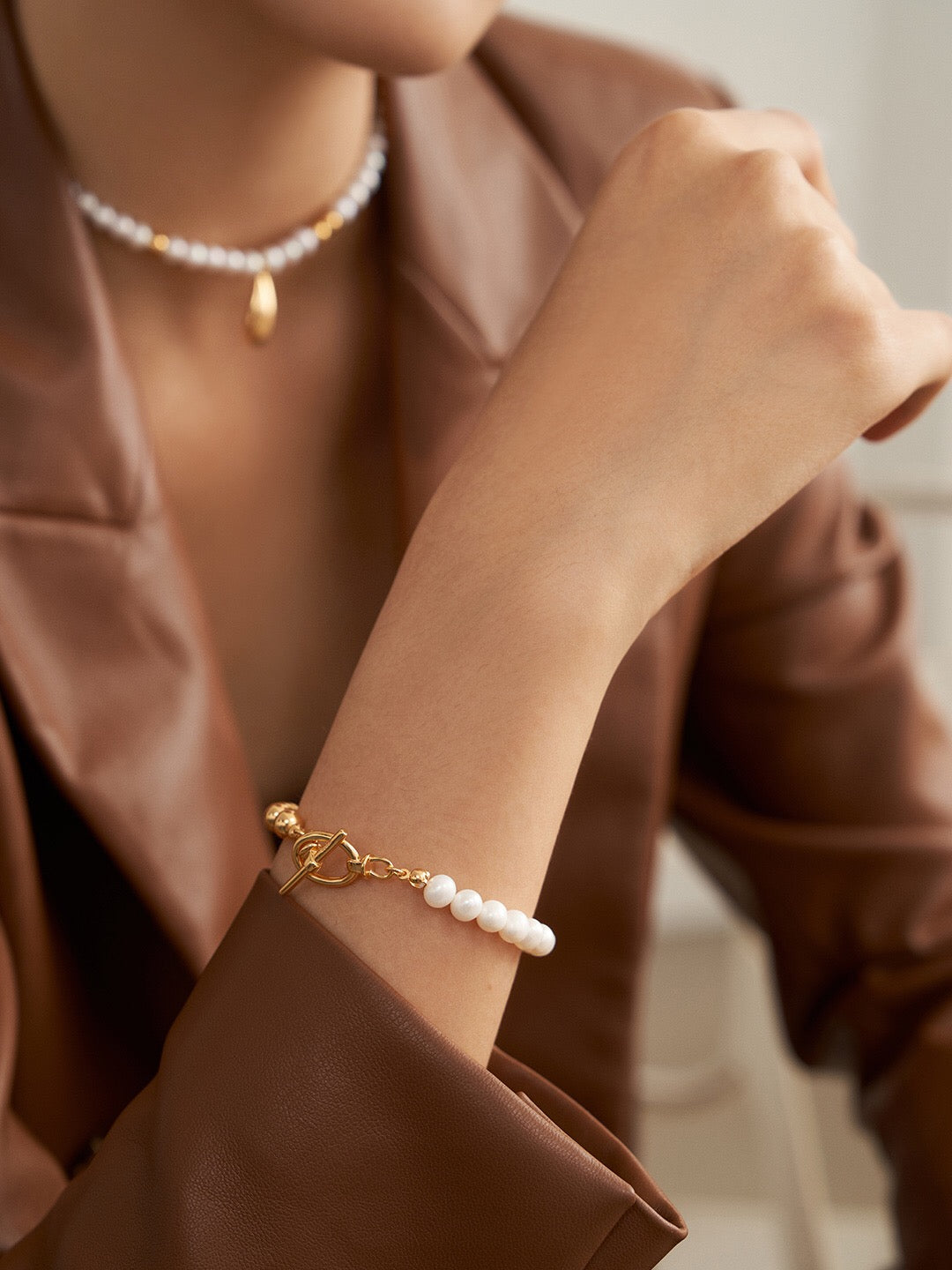 Half Pearl Half Bead Toggle Bar Bracelet featuring natural pearls and gold vermeil, elegantly designed for a sophisticated look.