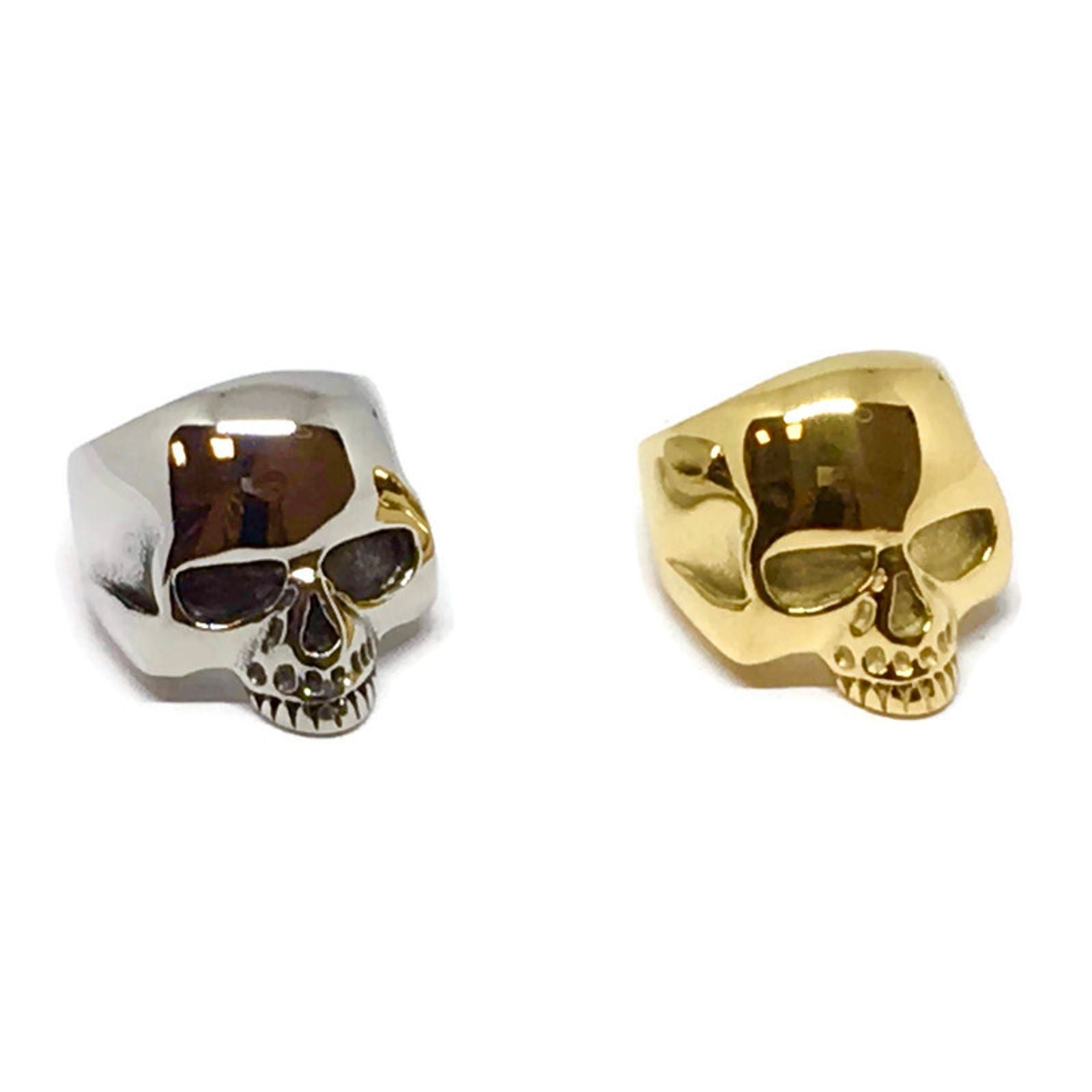 Half-Skull Stainless Steel Ring showcasing intricate skull design and shiny finish, perfect for unisex wear.