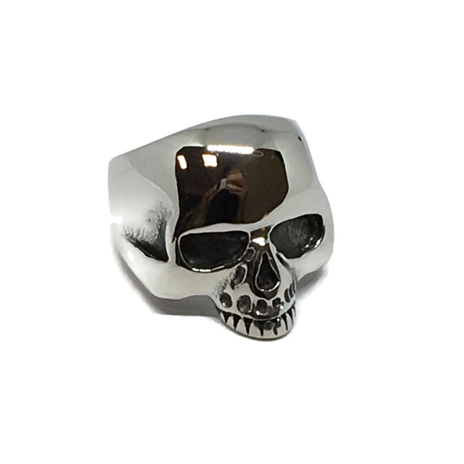 Half-Skull Stainless Steel Ring showcasing intricate skull design and shiny finish, perfect for unisex wear.