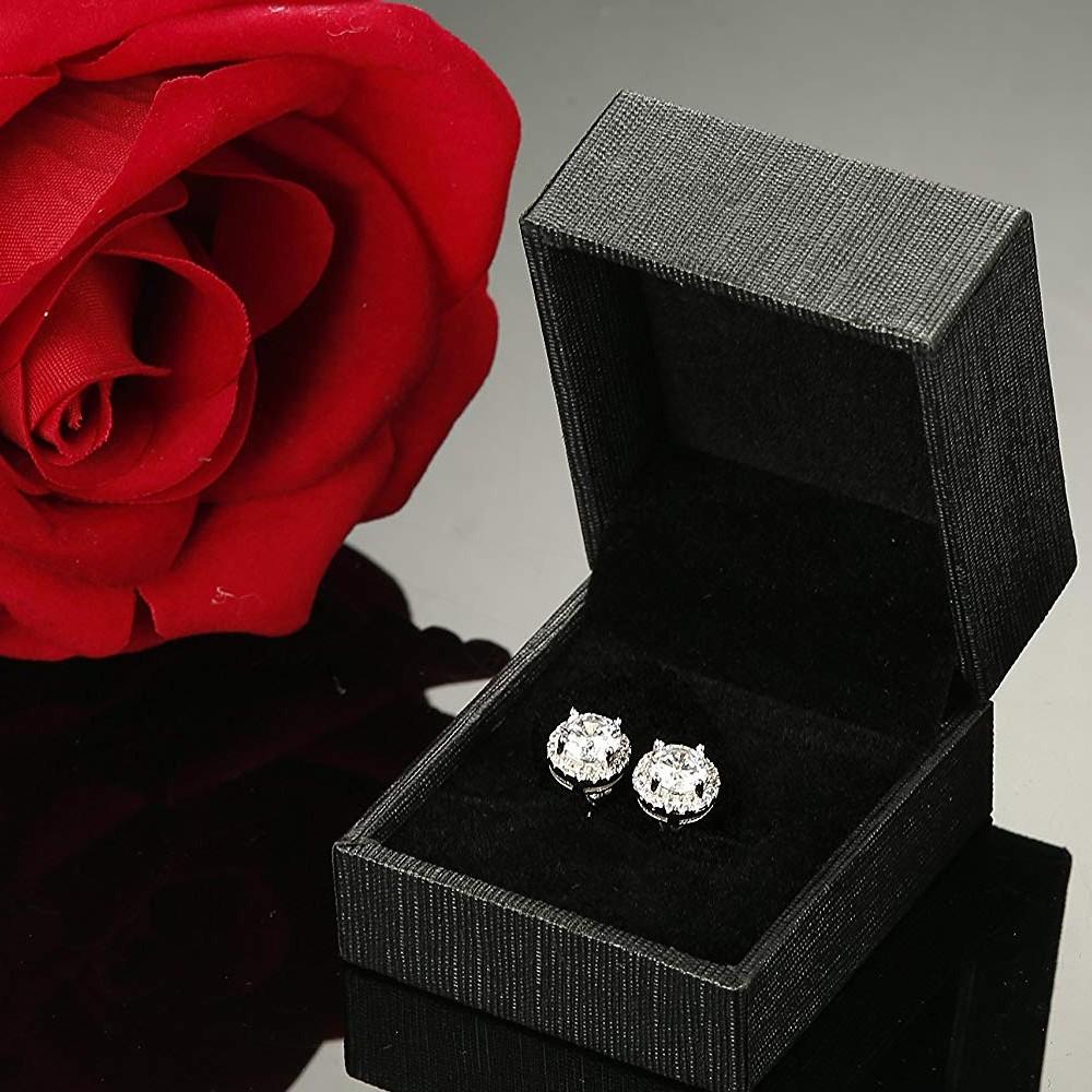 Elegant Halo Stud Earrings featuring sparkling Austrian Crystals, beautifully designed with 18K white gold plating.