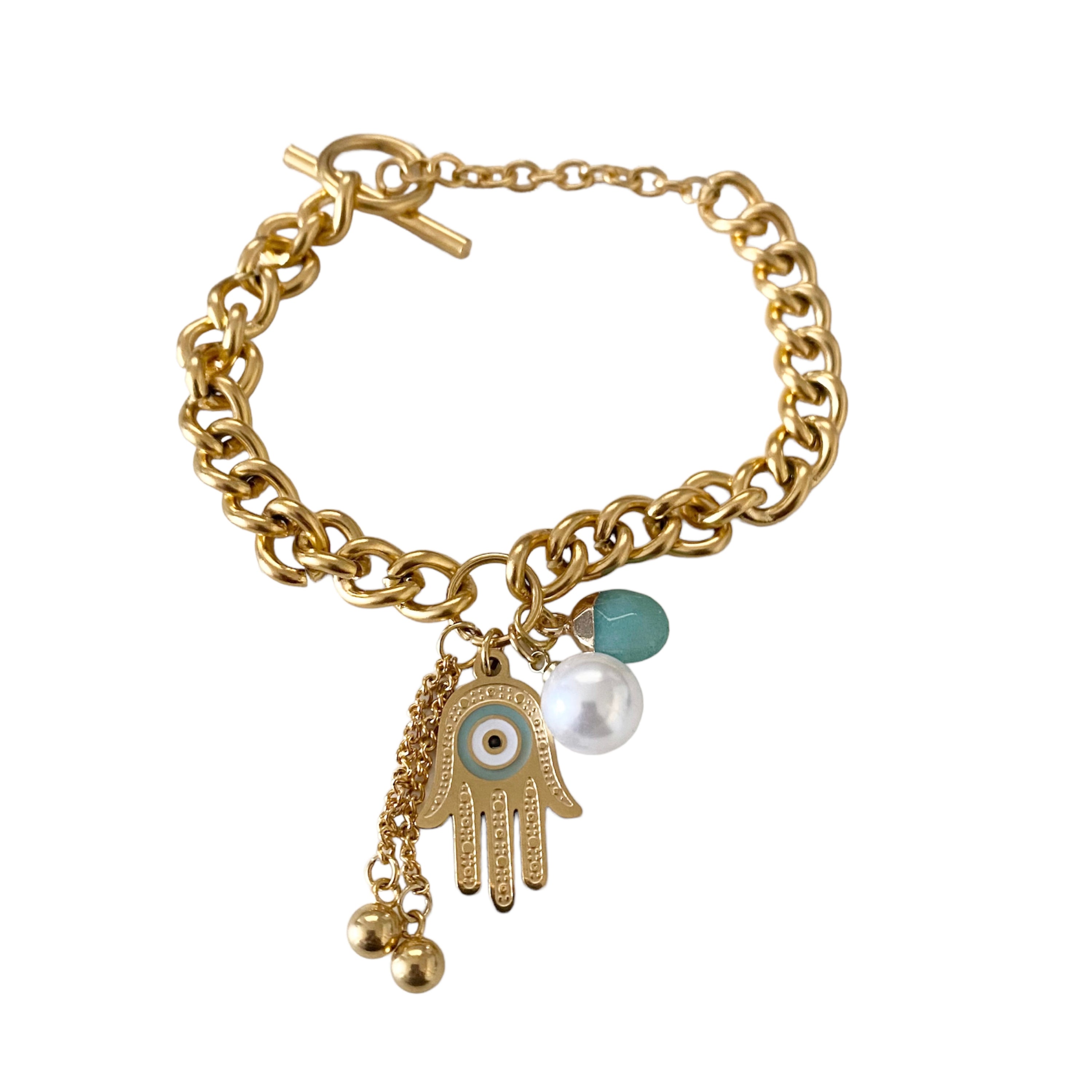 A stylish Hamsa Charm Adjustable Link Bracelet featuring three protective charms in stainless steel.