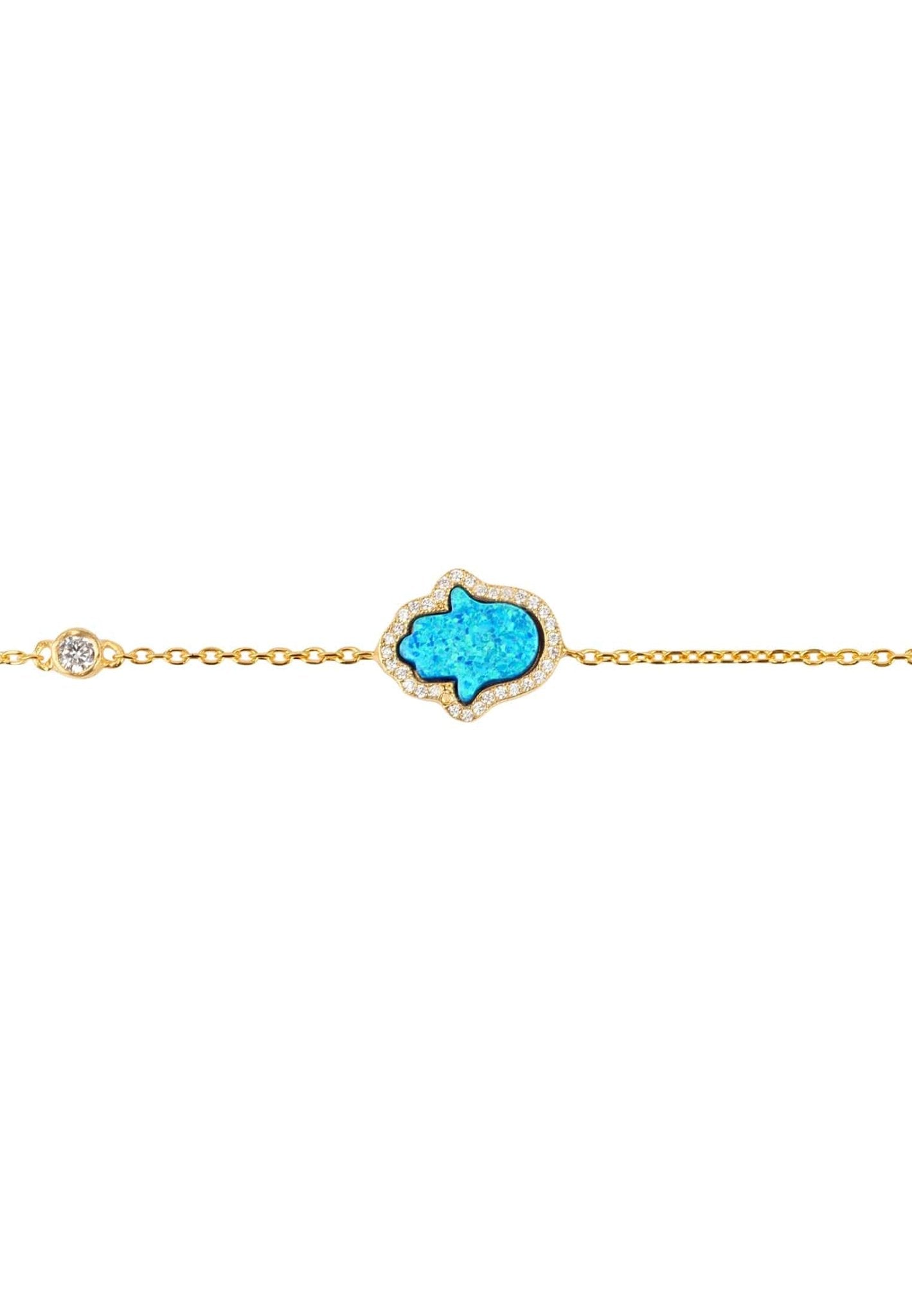 Hamsa Opalite Turquoise Blue Bracelet Gold featuring iridescent opalite and sparkling zirconia on a gold-dipped silver band.