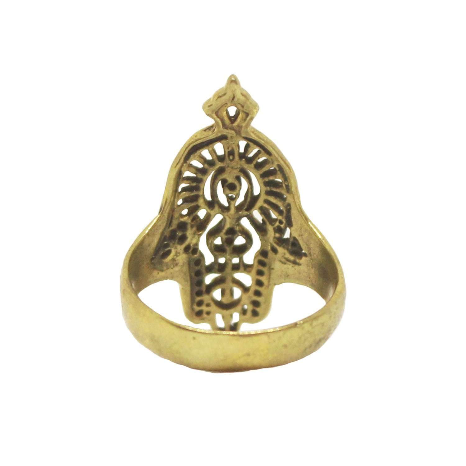 A beautifully crafted Hamsa Ring made from silver-plated hypoallergenic brass, featuring intricate detailing and an adjustable design.