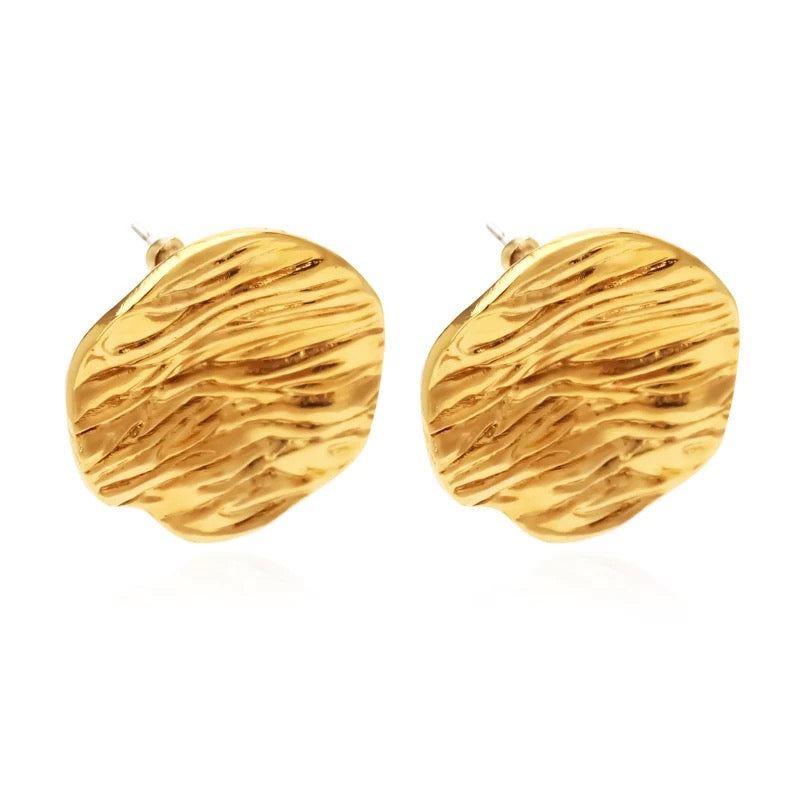 Hana Statement Studs featuring an elegant 18k gold plated design with an imprinted pattern, perfect for everyday wear.